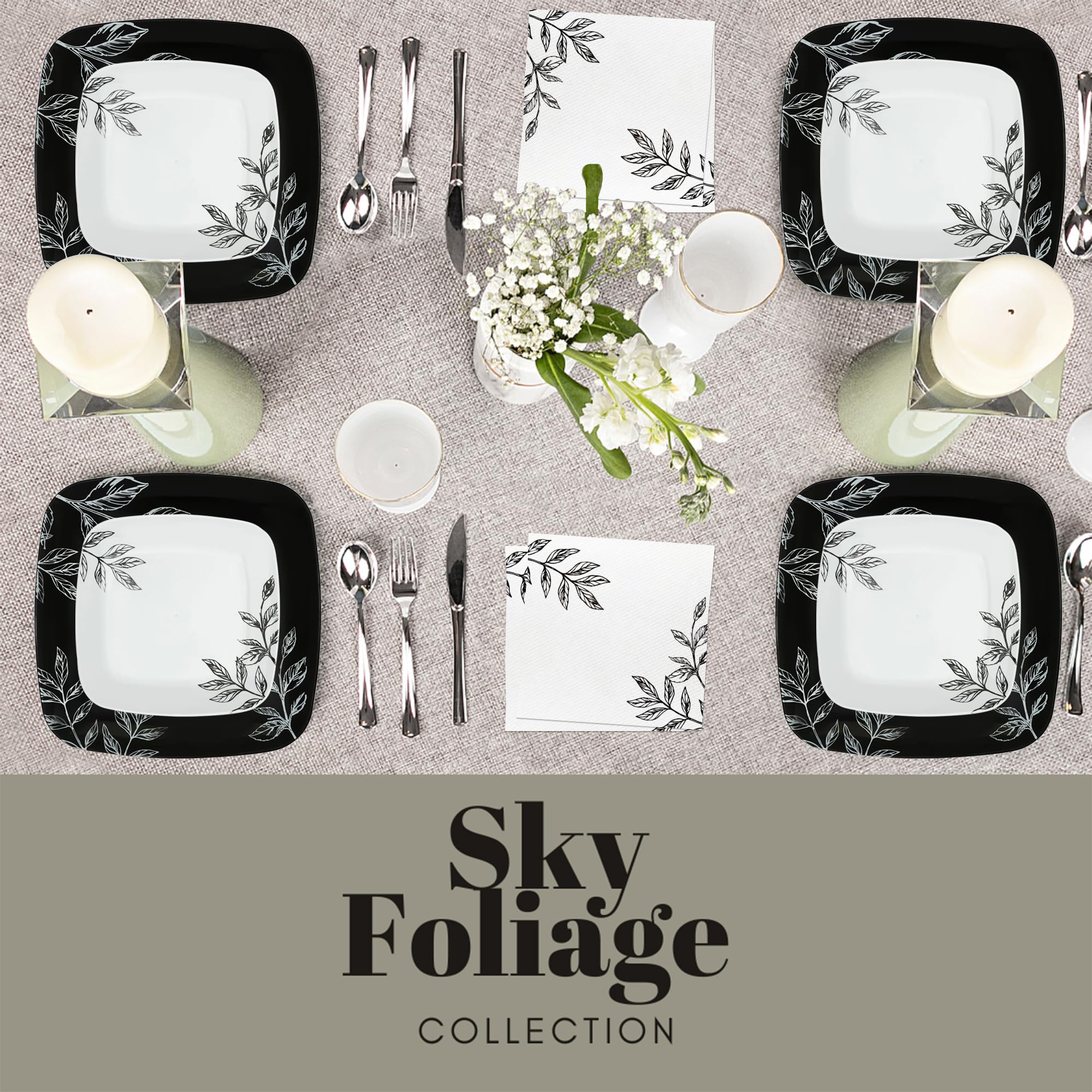 Premium 3-Ply Black & White Floral Cocktail Napkins - 6.5