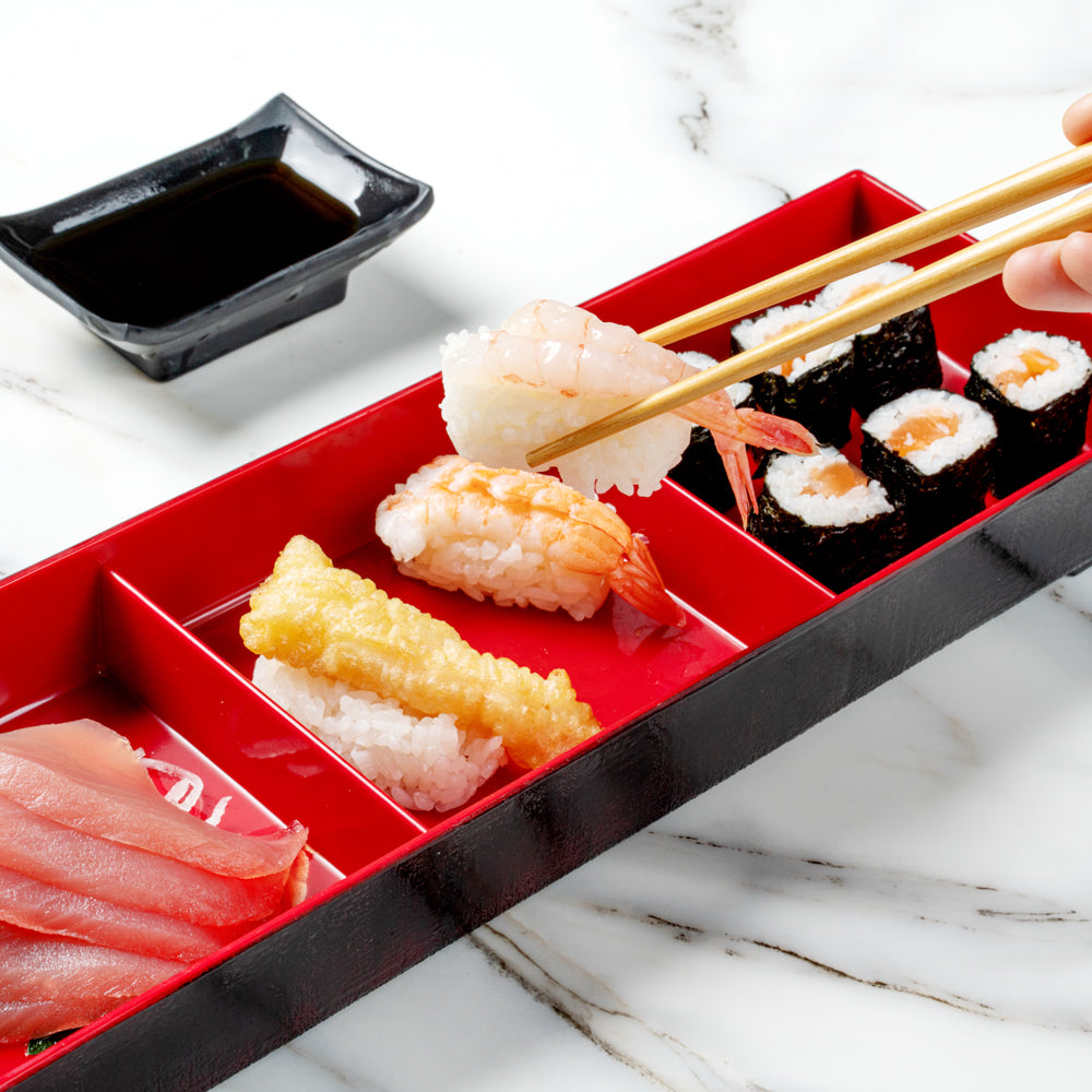 Premium Japanese Bento Box - 3 Compartment Black & Red Lunch Container (14