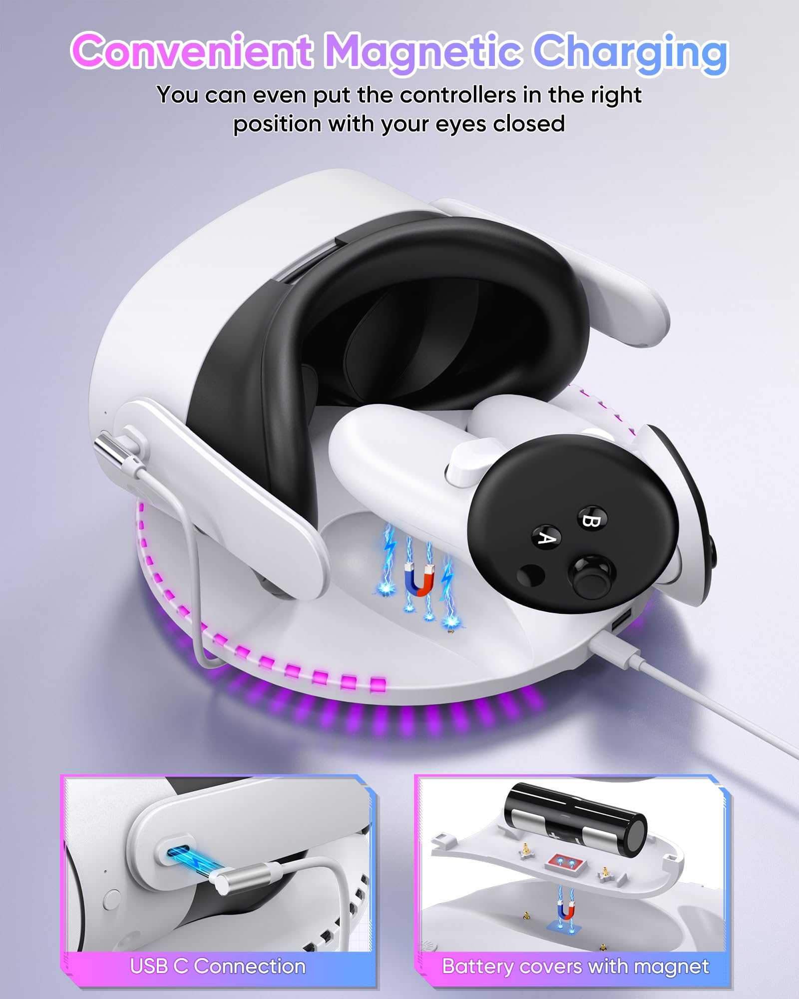 Kinwin 30W Fast Charging Dock for Meta Quest 3 & Quest 3S - VR Headset and Controller Charging Station with RGB Lights & 2 Rechargeable Batteries - Perfect for Gaming, VR Entertainment & Oculus Accessories