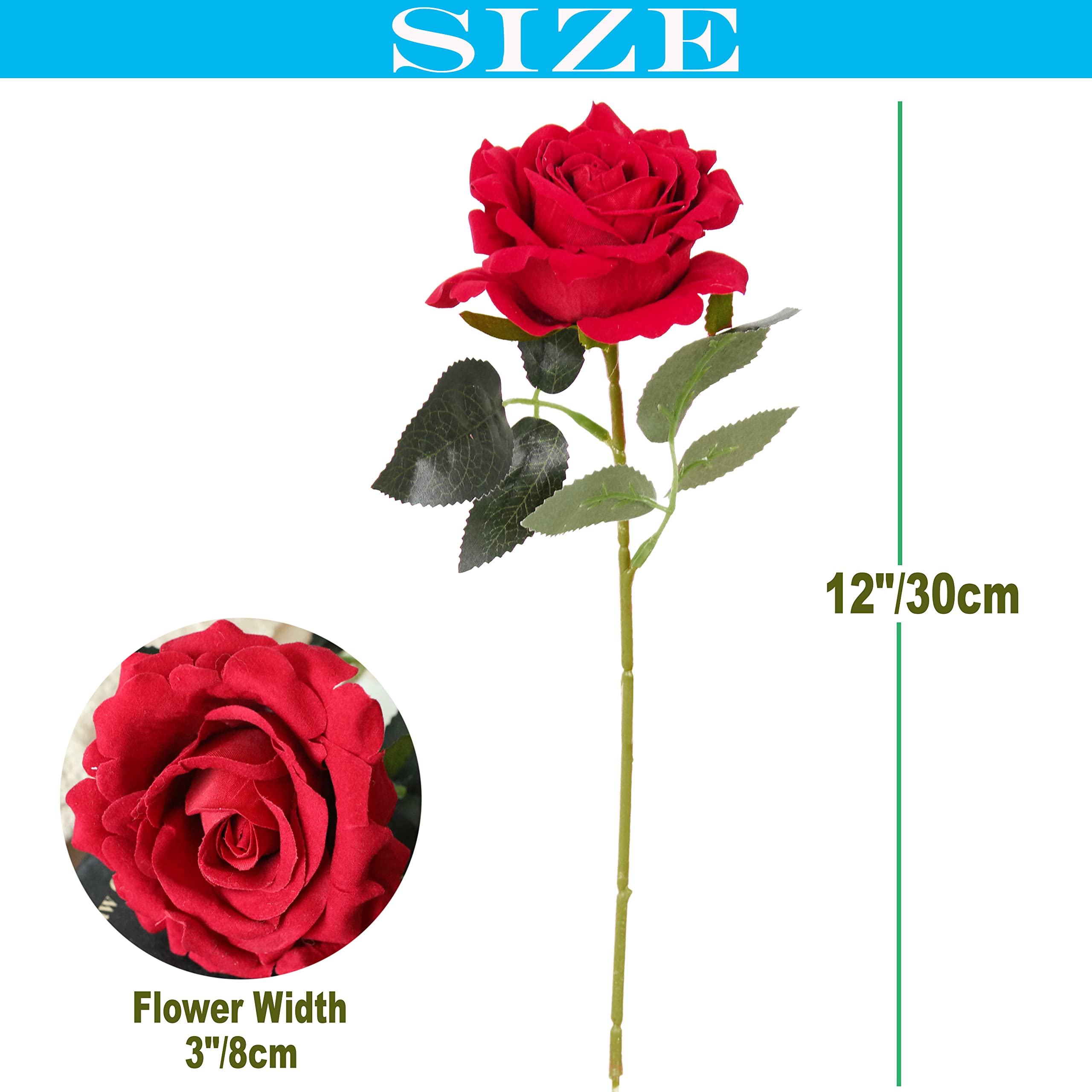 12pcs 12 Inch Velvet Rose Artificial Flowers with Stem and Leaves - Realistic Velvety Floral Stems for Home Decor, Wedding Centerpieces, DIY Bouquets, Table Arrangements (Red)