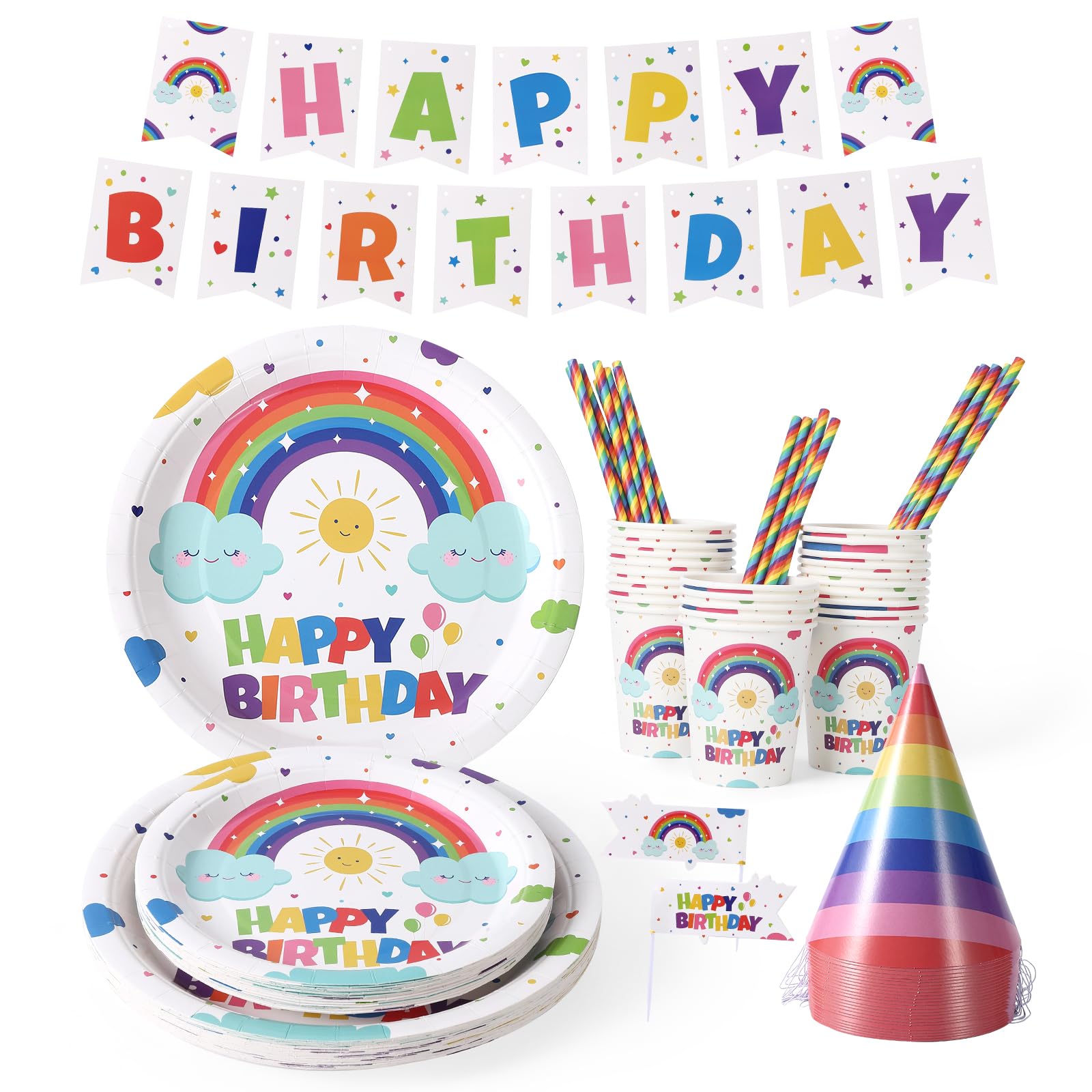 GARVEE 151-Piece Disposable Birthday Party Dinnerware Set - Rainbow Color Paper Plates, Cups & Napkins - Halloween Tableware for 25 Guests - Perfect for Birthday Celebrations, Baby Showers & Holiday Parties