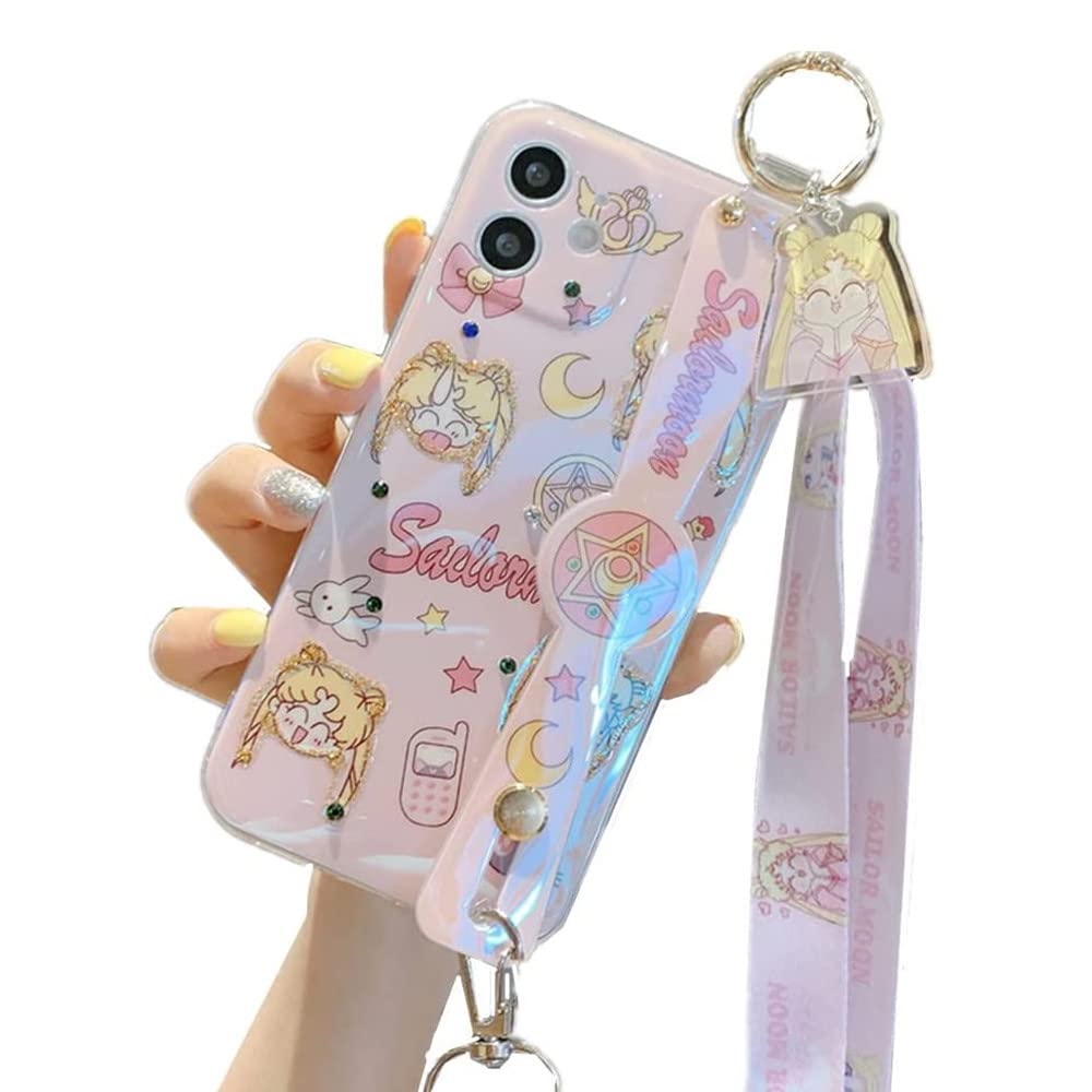 Sailor Moon Anime iPhone 11 Case with Wrist Strap & Lanyard - Cute Cartoon Glitter Soft Back Cover for Girls - Perfect for School, Travel & Daily Use