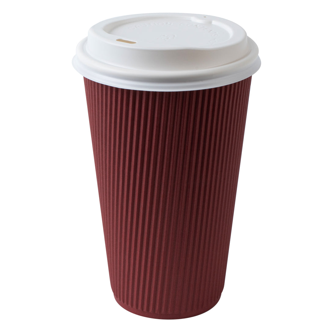 16 oz Crimson Ripple Wall Paper Coffee Cups with White Lids - 20 Count Box (3.5