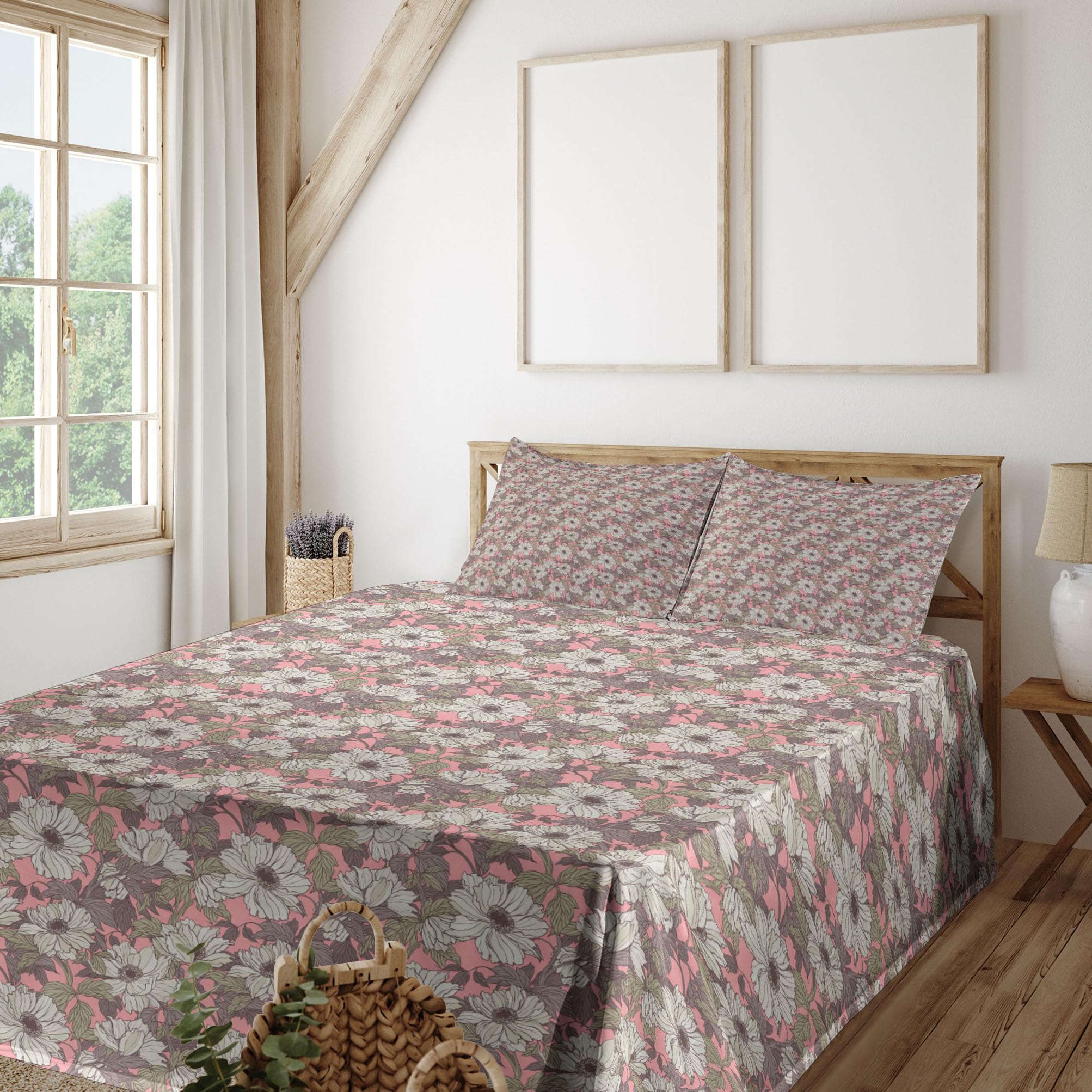 Ambesonne Floral Bed Sheet Set 4-Piece - King Size Cartoon Style Detailed Flowers & Leaves Design, Pastel Pink Grey Yellow - Includes Fitted Sheet, Flat Sheet & 2 Pillowcases - Perfect for Bedroom Decor, Guest Room & Cozy Home Styling