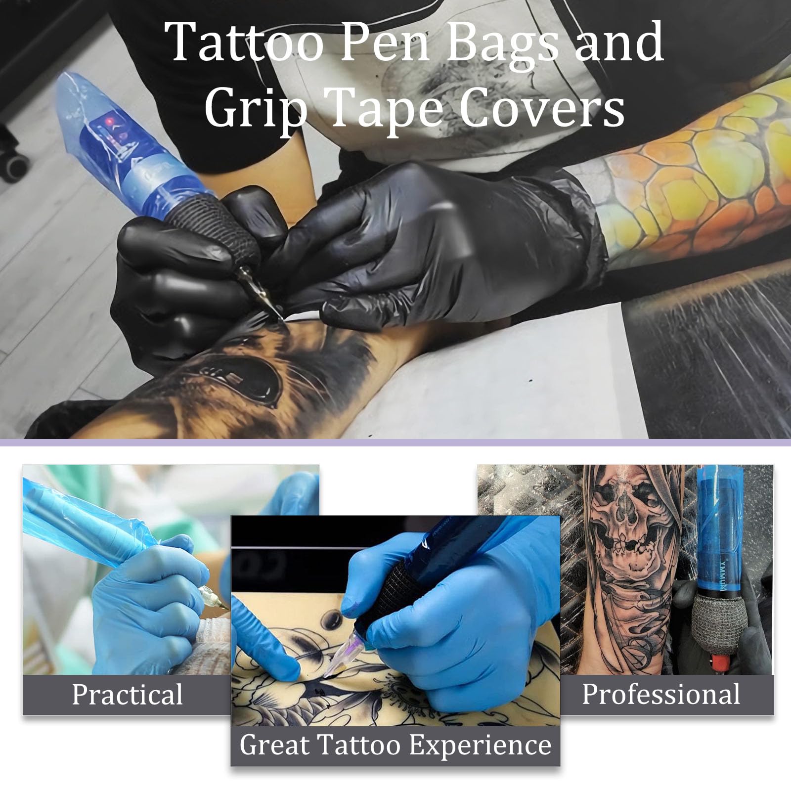 200pcs Blue Pen Machine Covers & 4pcs Black Grip Tape Wraps - Self-Adhesive Bandage Sleeves for Writing & Drawing | Pen Protection Kit for Office, School & Art Projects