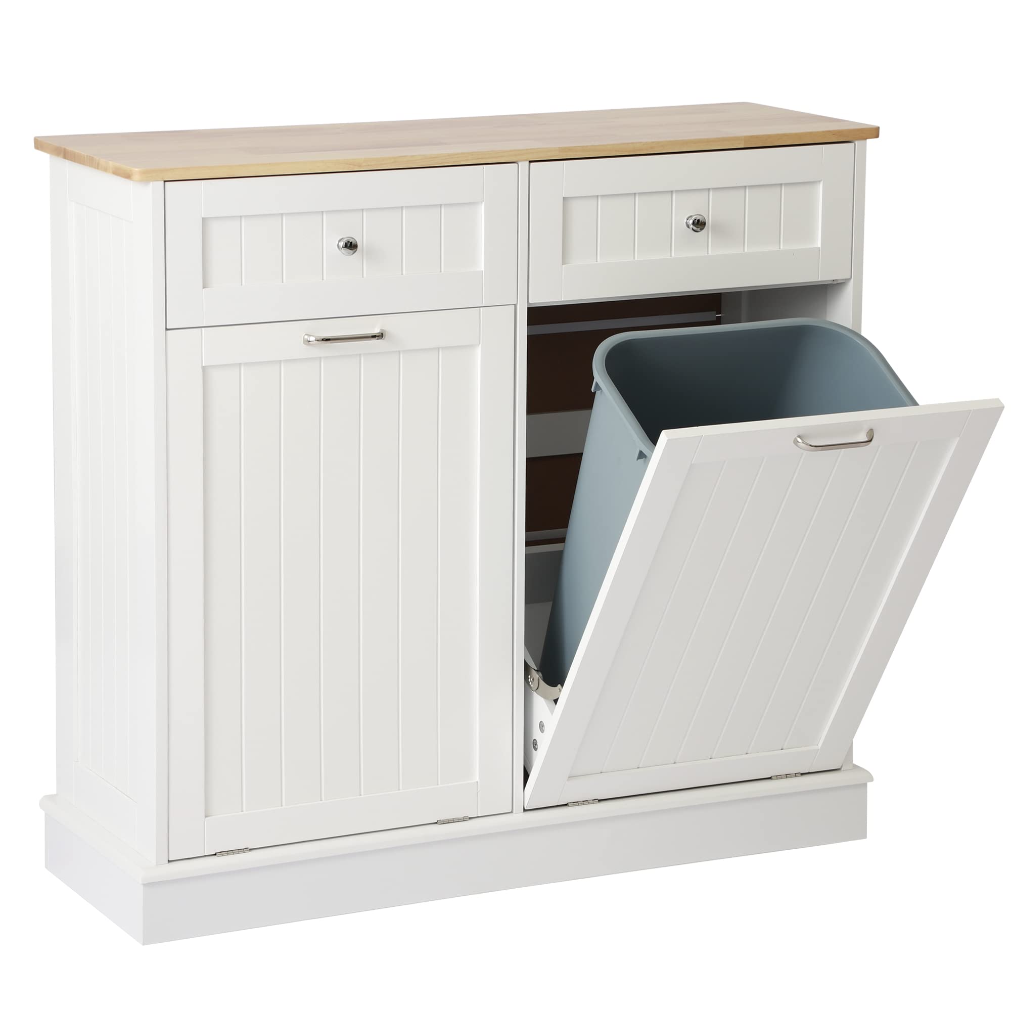 White Wooden Tilt-Out Trash Can Cabinet with Double Hidden Trash Bin Holder - Free Standing Kitchen Recycling Storage Organizer, Dog-Proof Garbage Can for Home & Office Use