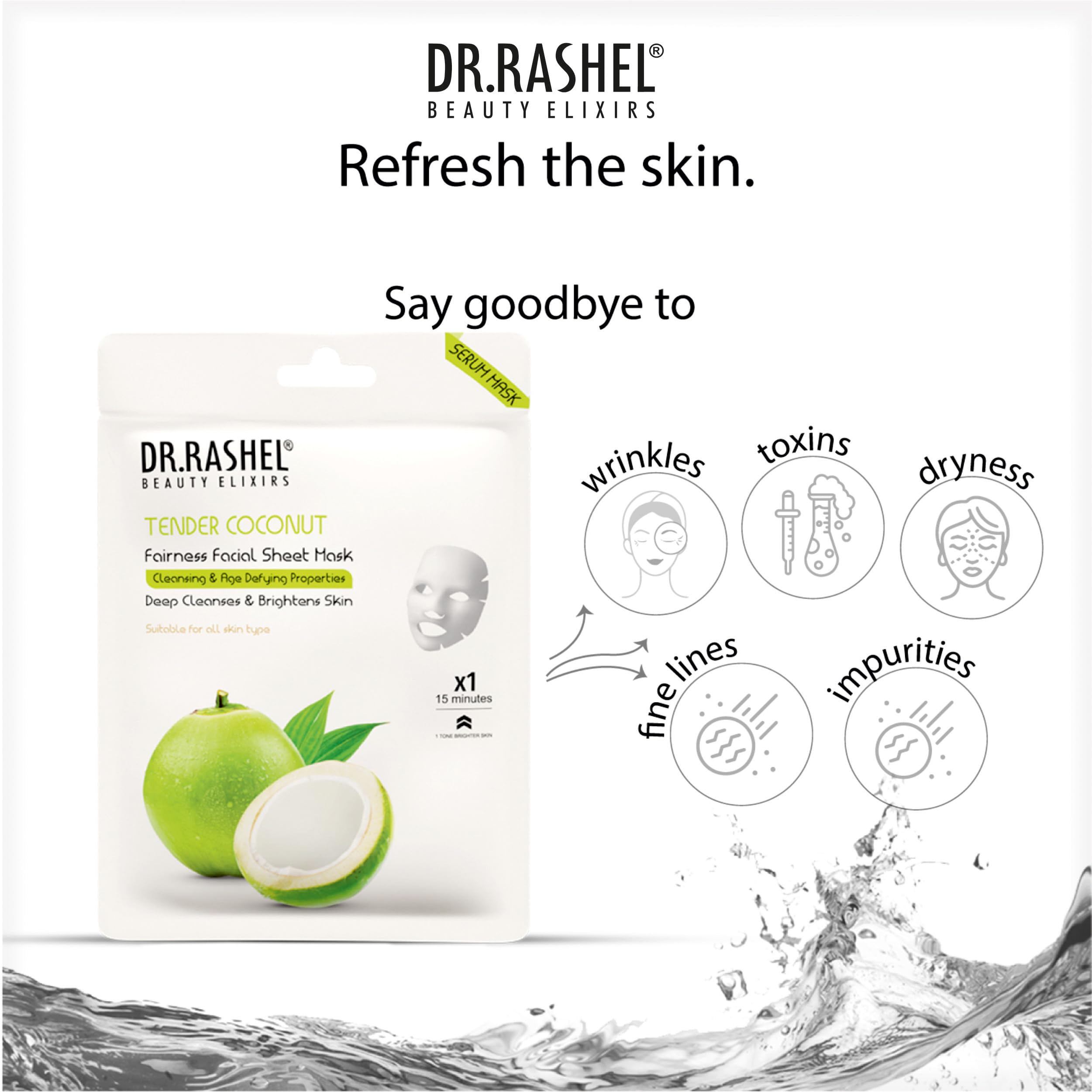 DR.RASHEL Tender Coconut Face Sheet Mask with Serum for Women & Men - All Skin Types | Deep Cleansing, Oil Control & Hydration | Repairing & Nourishing Treatment | Paraben-Free (Pack of 4, 20g Each) | Perfect for Daily Skincare, Spa Days & Travel