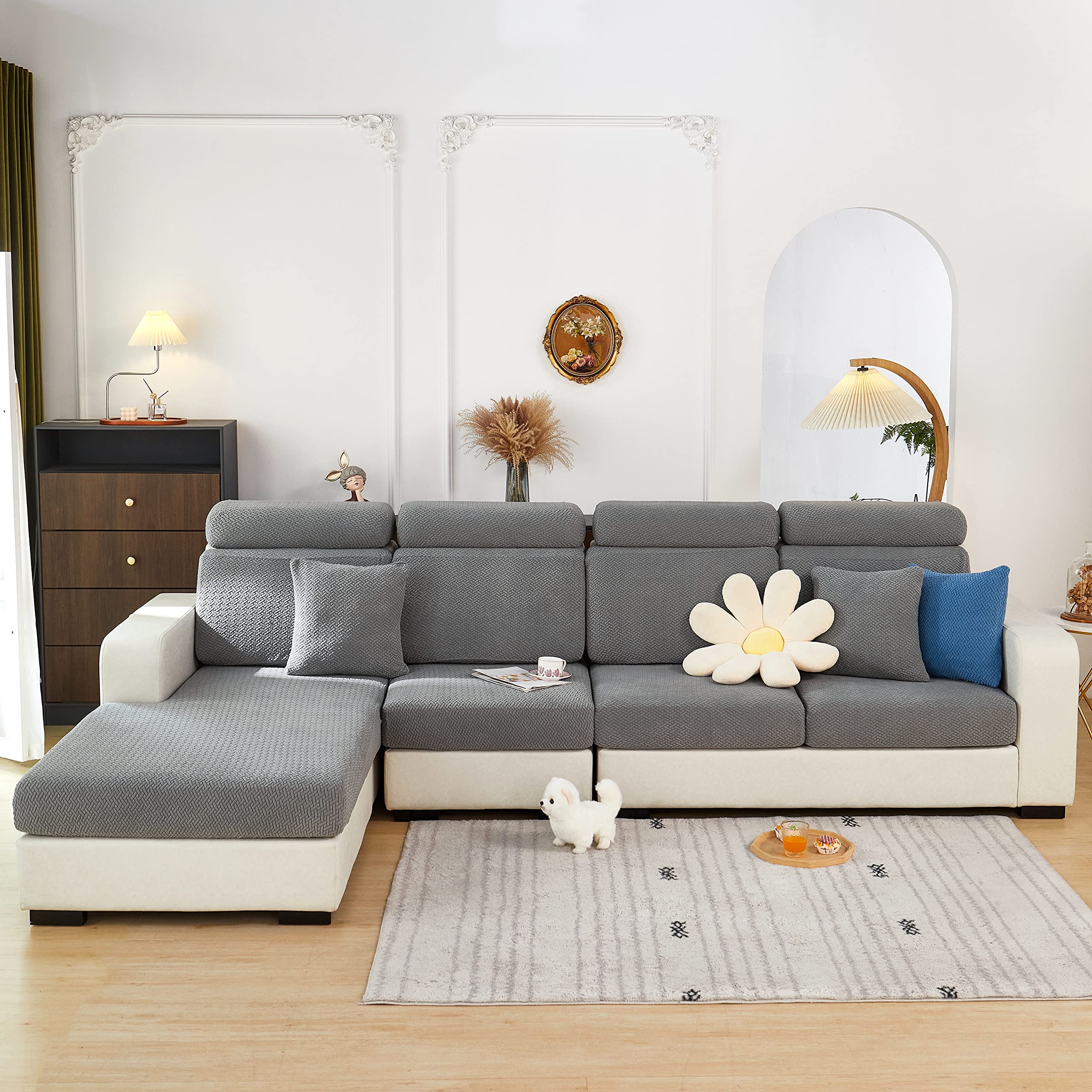 Elastic L-Shaped Sectional Sofa Slipcover with Chaise Lounge Cover - 61-73