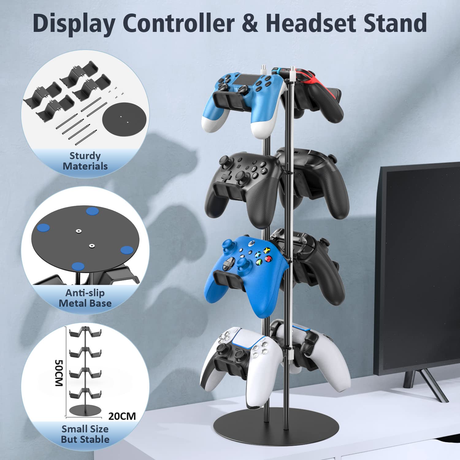 Kytok 4-Tier Gaming Headset Stand with Cable Organizer - Universal Controller Holder for PS5, Xbox, Nintendo Switch, PS4 & PS Portal - Perfect Gaming Desk Accessory for Organized Game Room Setup