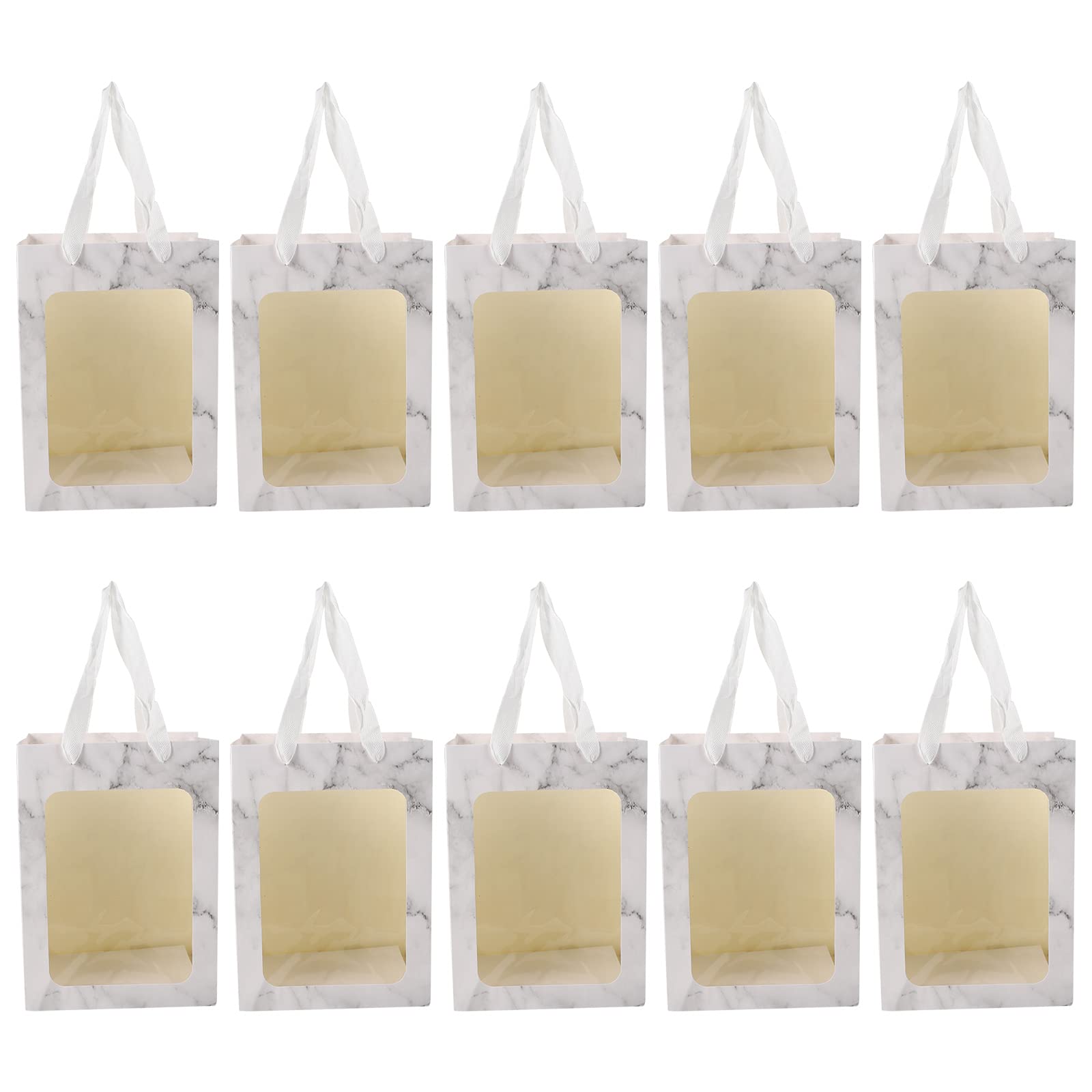 10Pcs Marble Pattern Flower Packaging Bags - Transparent Gift Bags with Handles for Wedding, Birthday, Baby Shower & Party Favors - Portable Floral Favor Bags (White)