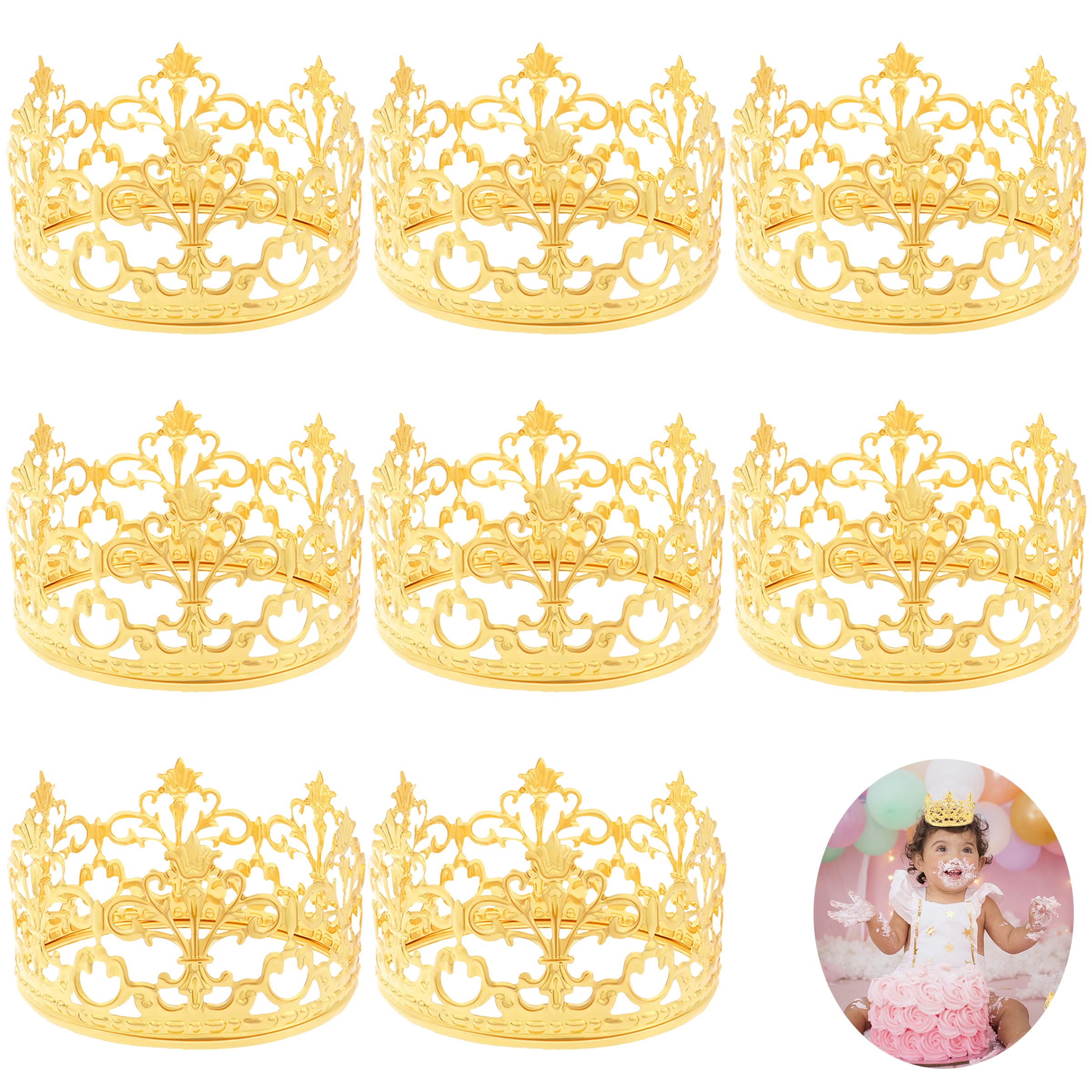 8-Pack Gold Crown Cake Toppers - Royal Princess Prince Theme Mini Tiaras for Baby Shower, Birthday Party, Wedding Cake Decorations | Perfect for Cake Centerpieces, Photoshoot Props & Special Event Decor