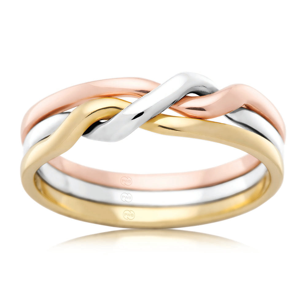 9ct Gold 3 Tone 7.5mm Cossack Ring - White, Yellow & Rose Gold Stackable Band - Size V - Perfect for Wedding, Anniversary & Everyday Jewelry