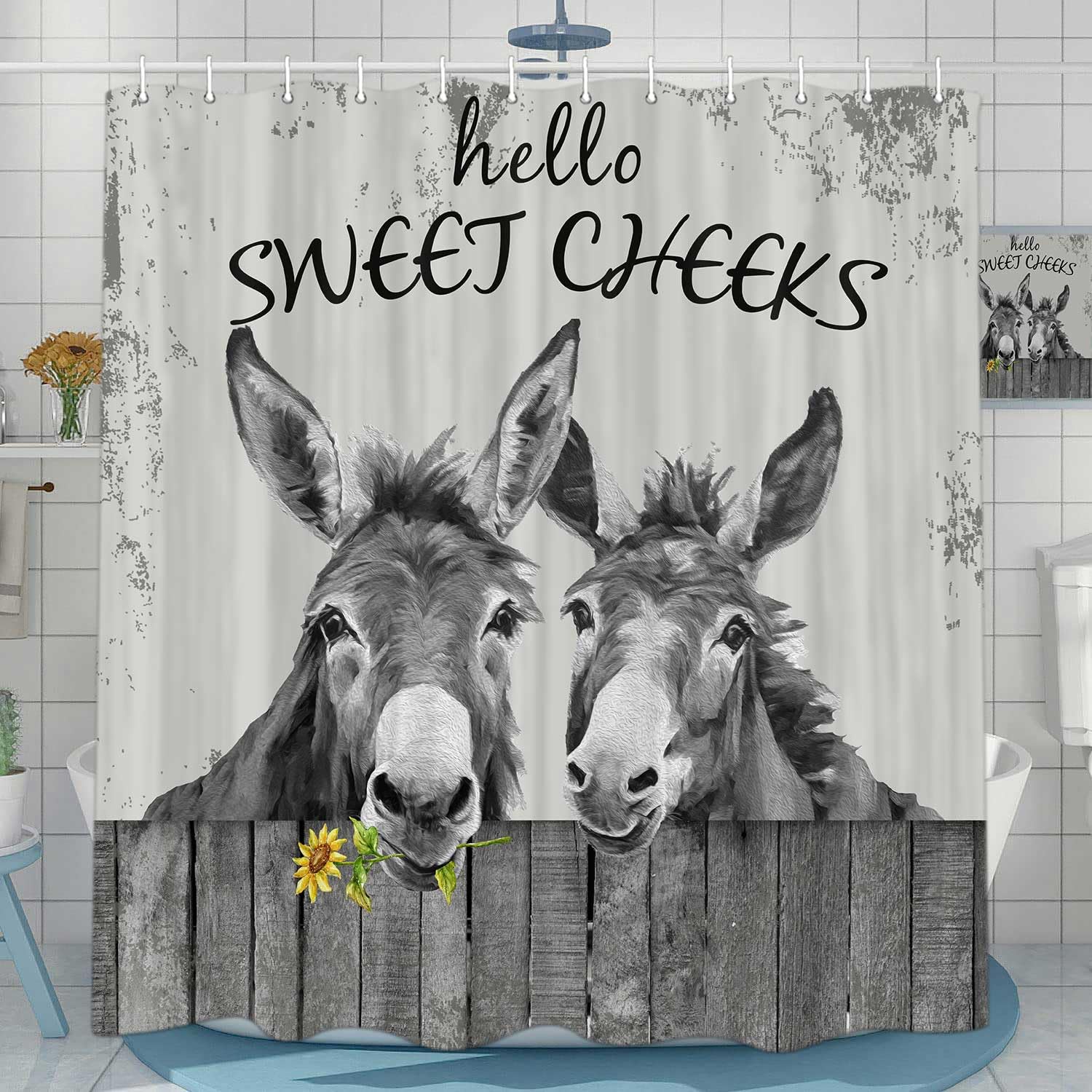 Funny Donkey Shower Curtain Set - Black & White Farm Animal Bathroom Decor with Rustic Grey Wood Design, 72x72 Inches, Includes Hooks - Perfect for Farmhouse, Country Style Bathrooms & Kids' Bathroom Themes