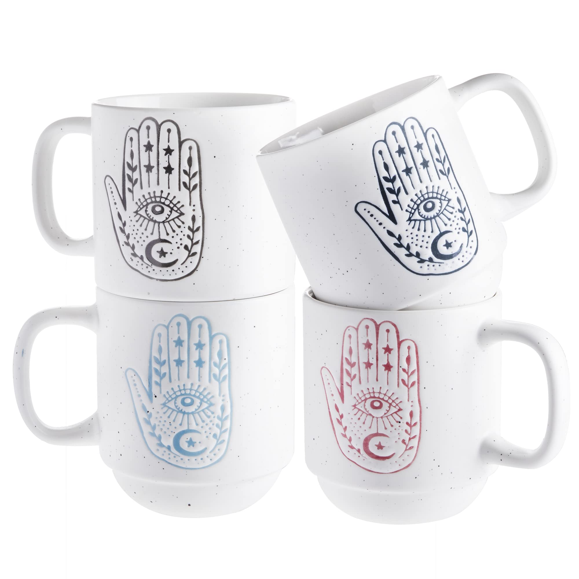 Sheffield Home Set of 4 Coffee Mugs with Inspirational Quotes - 14oz Ceramic Tea Cups & Latte Mugs with Metal Storage Rack, Perfect for Kitchen, Office or Gift (Hamsa Design)