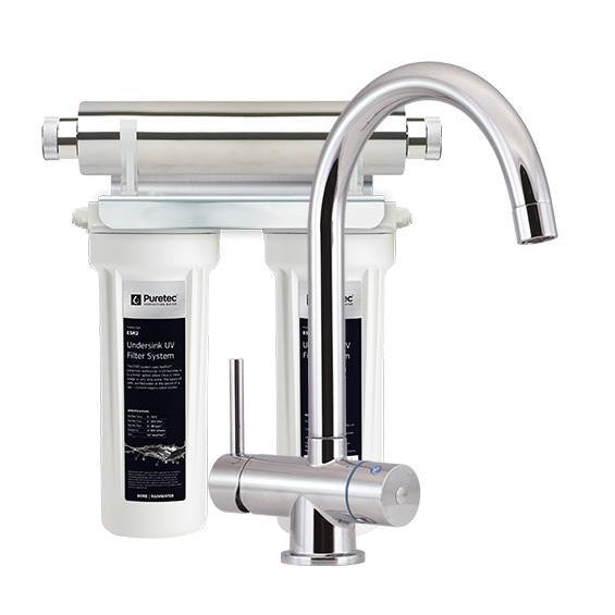 Puretec ESR2 Tripla Series Under Sink UV Water Filtration System with LED Mixer Faucet (7.5 LPM) - Removes 99.9% Bacteria for Clean Drinking Water | Perfect for Kitchen, RV & Off-Grid Living