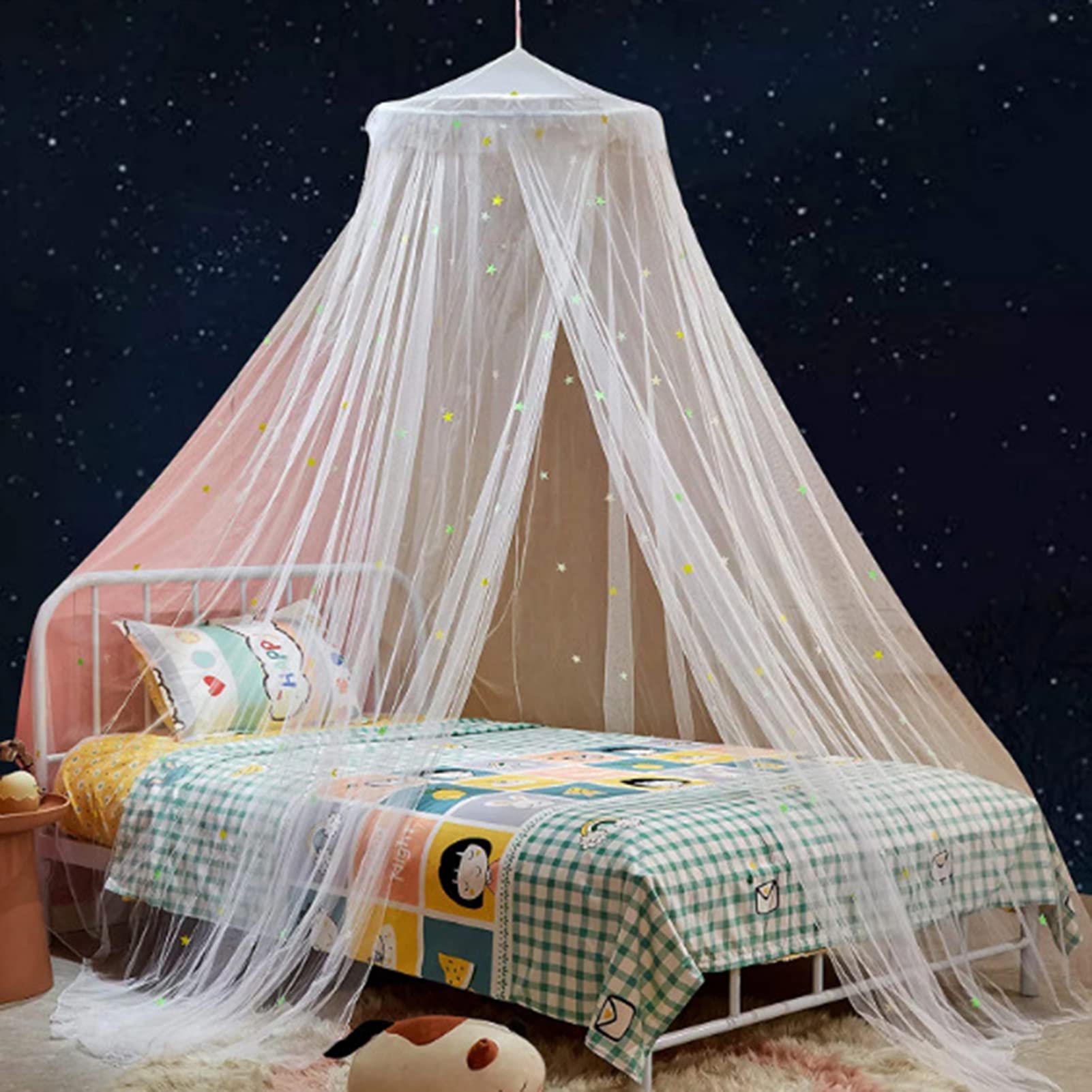 Glow in the Dark Mosquito Net for Bed Canopy with Fluorescent Stars - Kids Hanging Bed Dome Canopy for Nursery, Bedroom & Camping (White, Small)