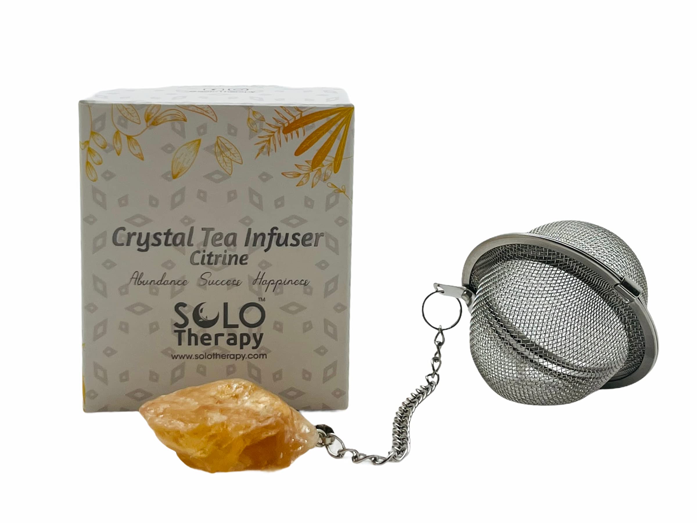 Solo Therapy Citrine Crystal Tea Infuser - Stainless Steel Mesh Tea Ball Strainer with Extended Chain Hook for Loose Leaf Tea - Perfect for Home, Office & Tea Ceremonies (Citrine Healing Crystal Tea Filter)