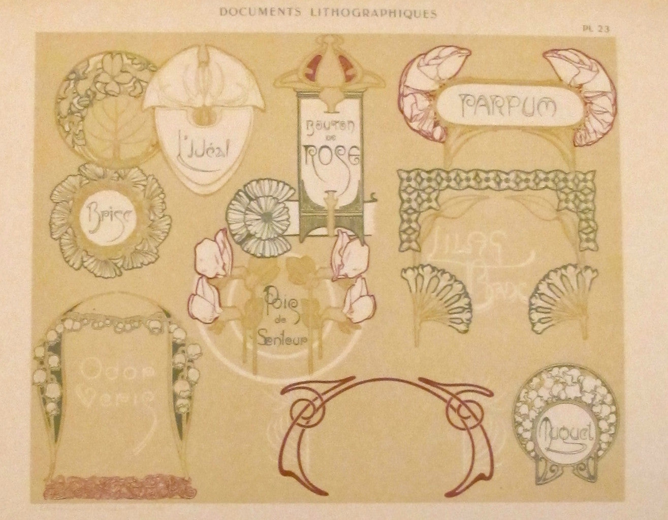 Antique 1900s Belle Epoque Design Sheets - Original Lithographic Plate #23 +4 Documents for Vintage Home Decor & Art Collection
