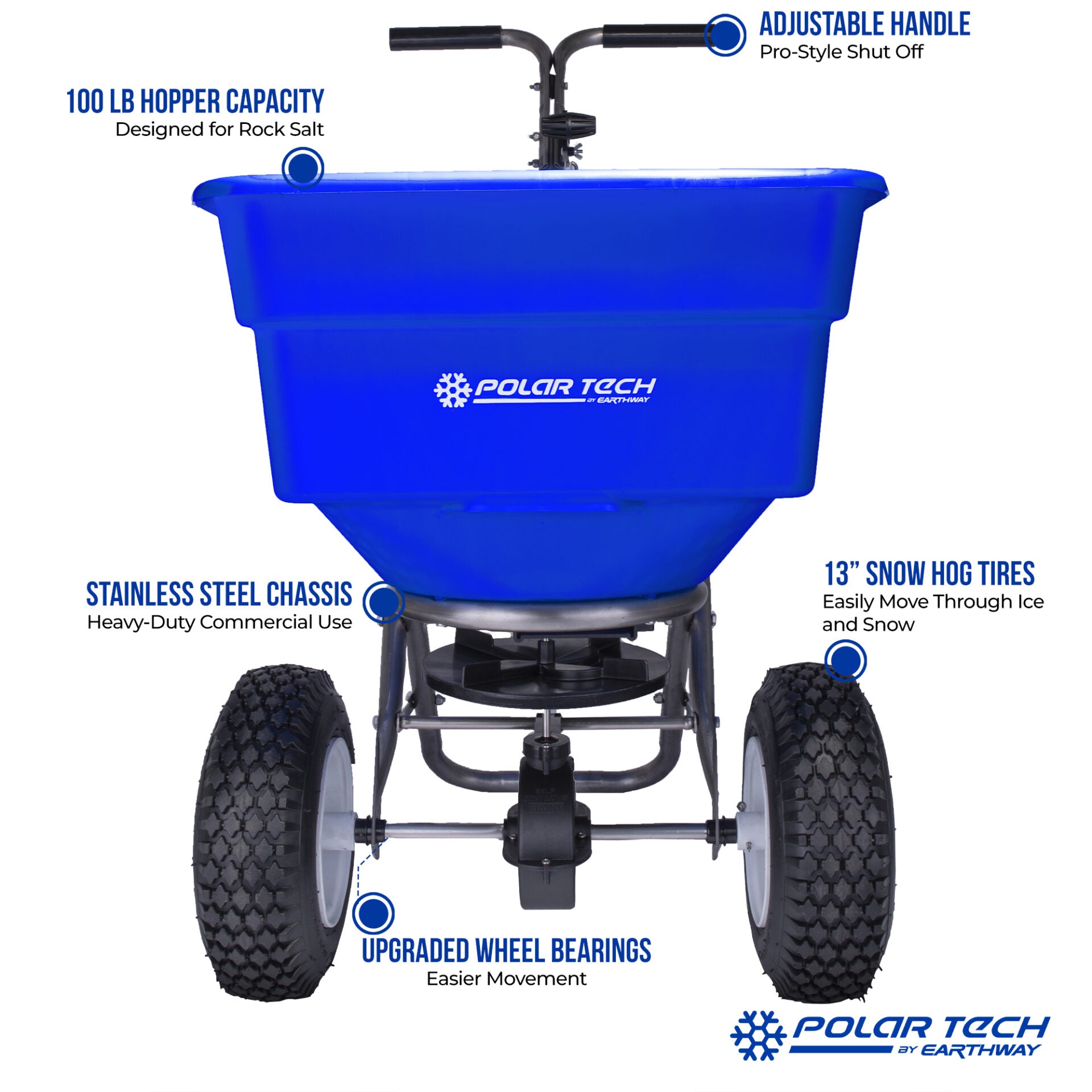 Earthway 90399 Stainless Steel Ice Melt Broadcast Spreader - 100 Lbs Hopper Capacity for Driveway & Sidewalk Snow Removal in Winter