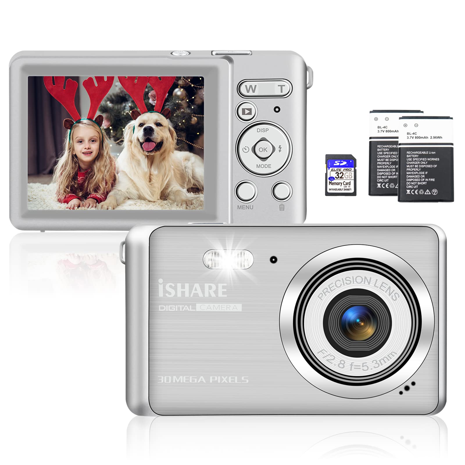 30MP Digital Camera with 18X Zoom & 32GB Card - Rechargeable Point and Shoot Camera for Kids, Teens, Adults & Seniors (Silver) | Perfect for Travel, Vlogging & Family Events