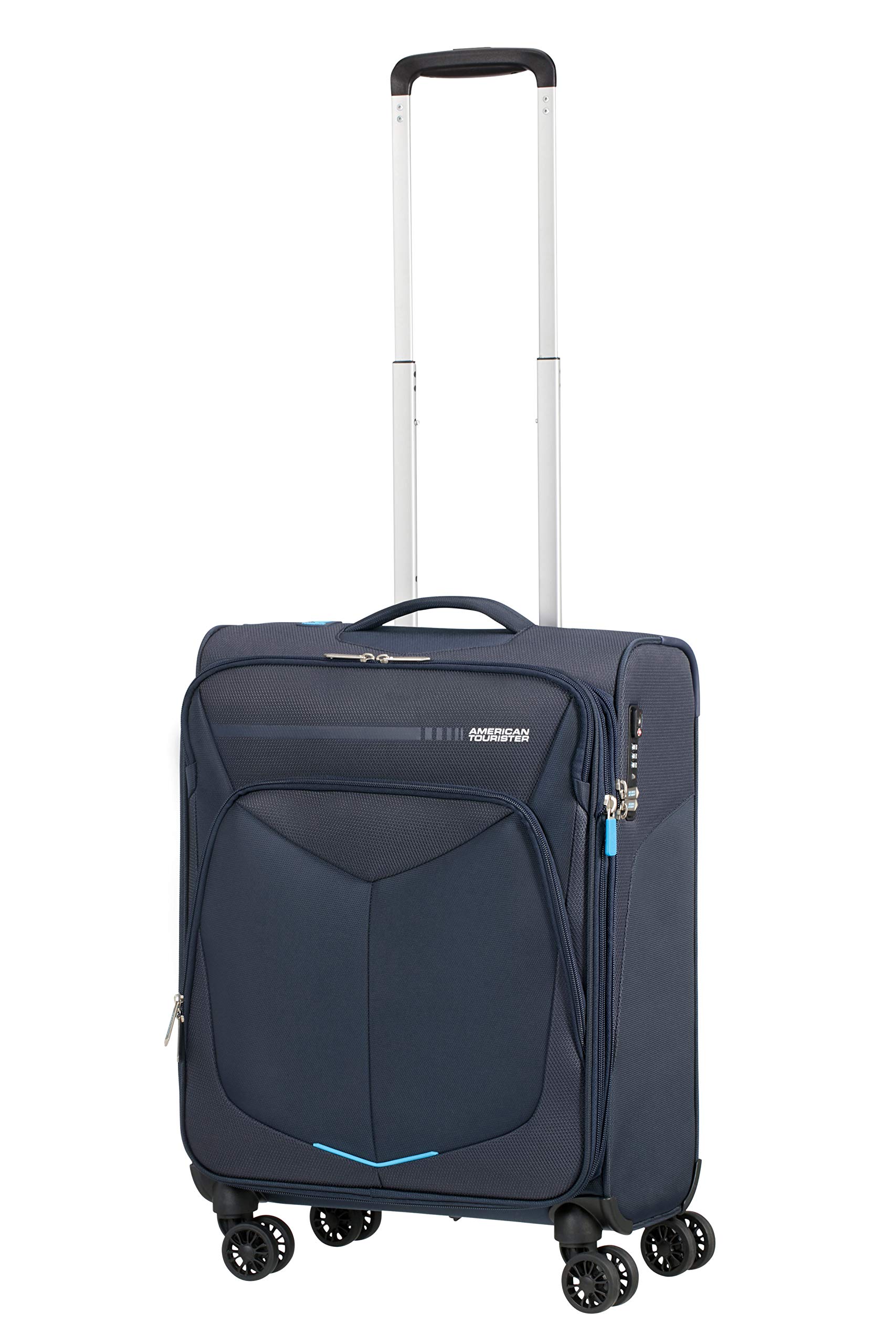 American Tourister Summerfunk 21.6 Inch Carry On Luggage - 55cm Lightweight Hardside Spinner Suitcase with 4 Wheels, Navy Blue Travel Bag for Weekend Getaways & Business Trips