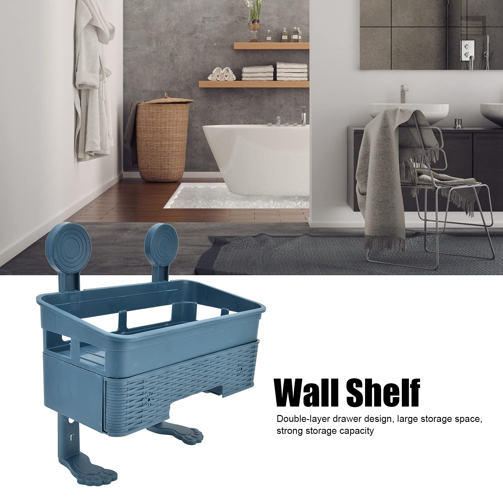 Double Layer Shower Caddy Basket - Wall Mounted Bathroom Shelf Organizer with Toilet Tissue Holder | Space Saving Storage for Shower, Kitchen & Bathroom | Perfect for Small Spaces & Apartment Living (Blue)