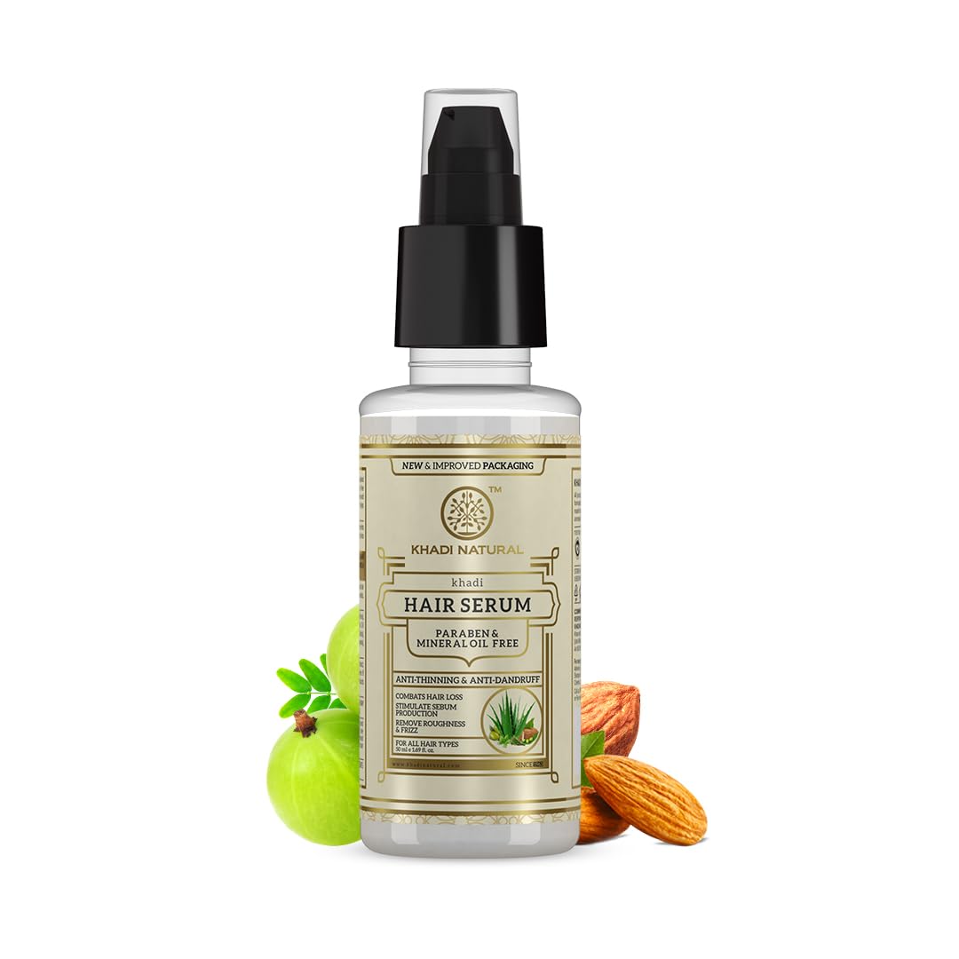 Khadi Natural Hair Serum for Soft, Shiny & Frizz-Free Hair | Anti-Thinning & Anti-Dandruff Treatment | Paraben & Mineral Oil Free for All Hair Types | 50ml | Perfect for Daily Hair Care & Styling