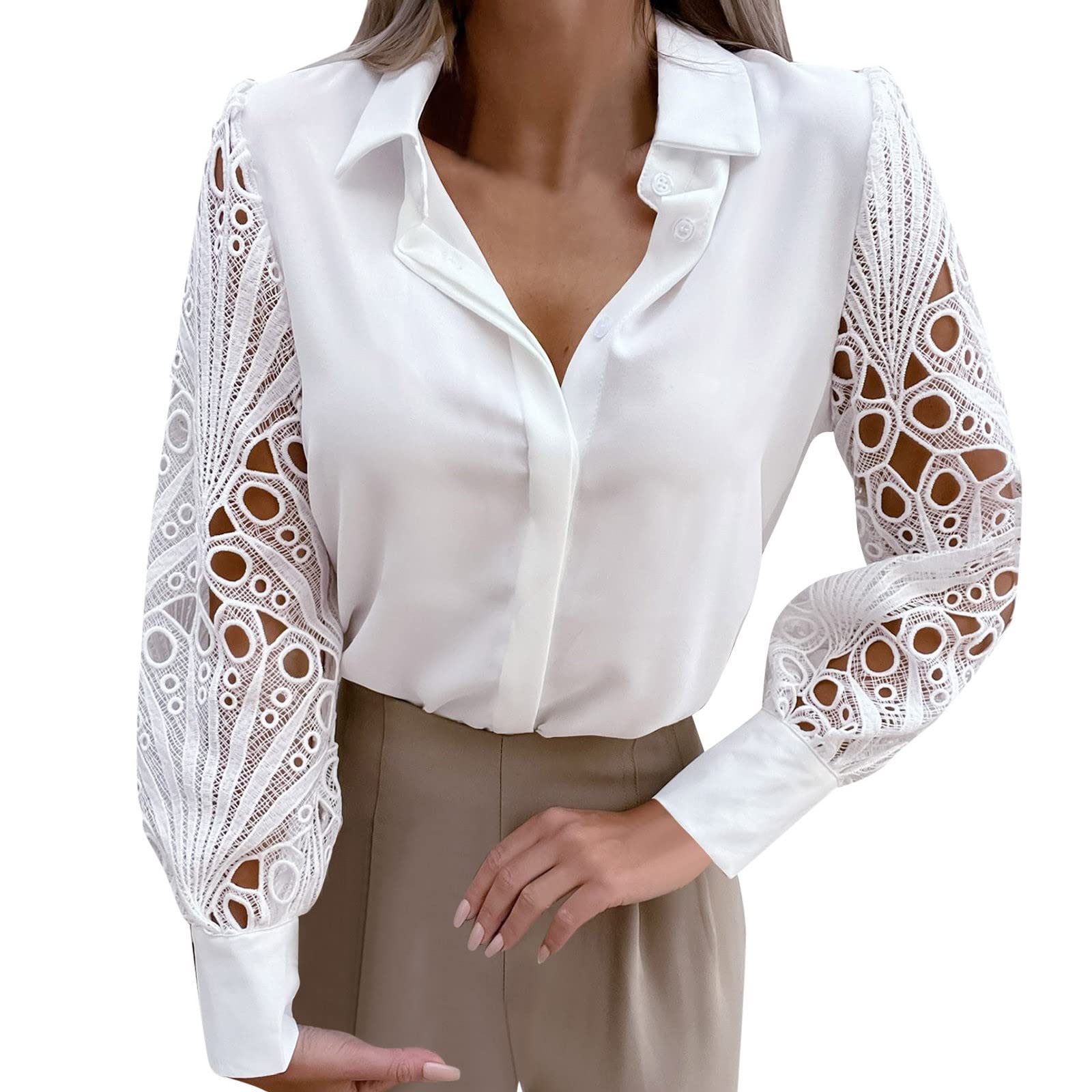 Elegant Black Women's Long Sleeve V-Neck Lace Blouse - Button Down Lapel Top for Office, Party & Formal Occasions
