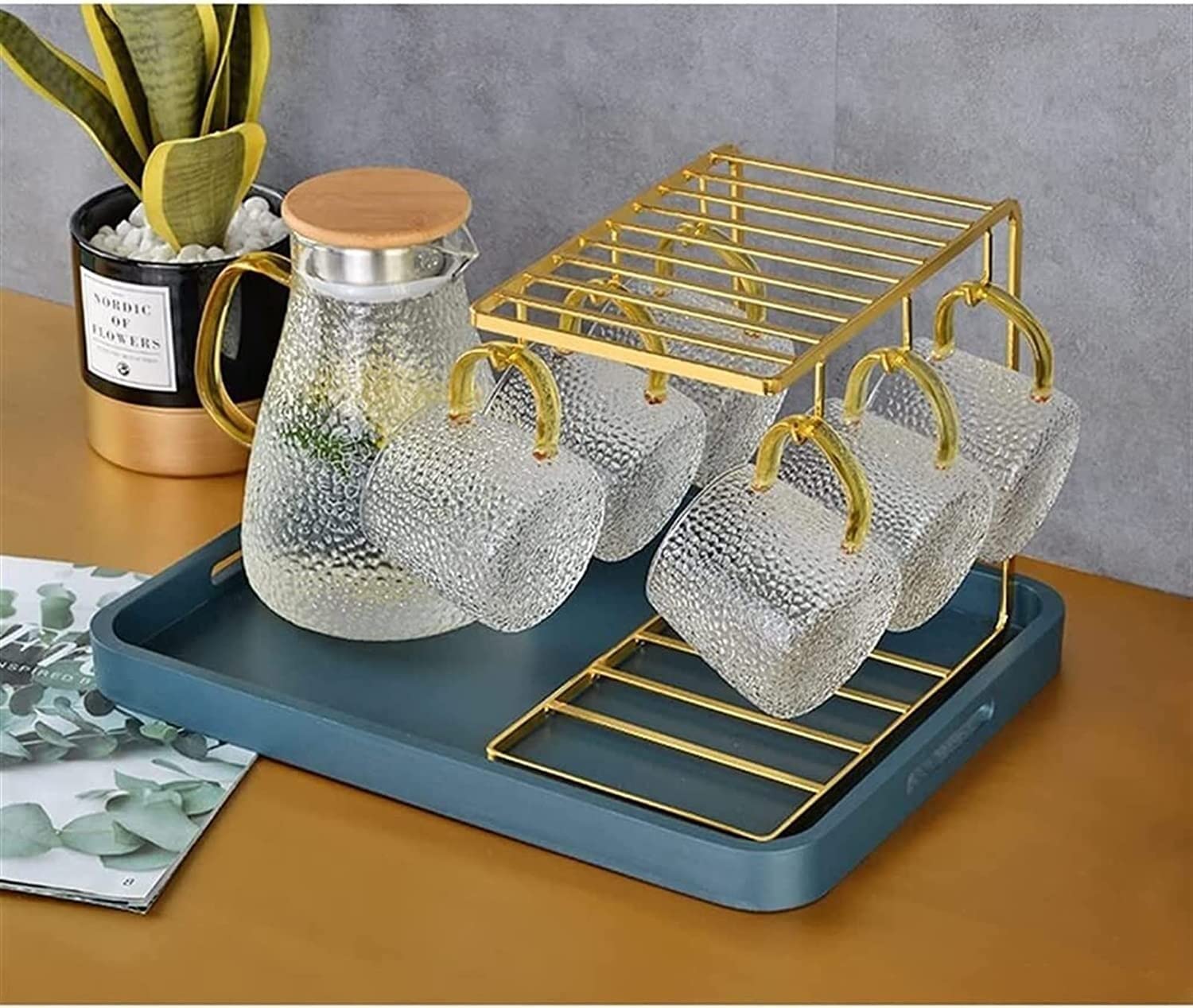 Sturdy Hammer Pattern Glass Cup Set with Handle - 4-Piece Drinking Glasses & Tea Kettle for Home, Living Room, Kitchen - Perfect for Iced Tea, Coffee, and Beverage Serving (One Color)