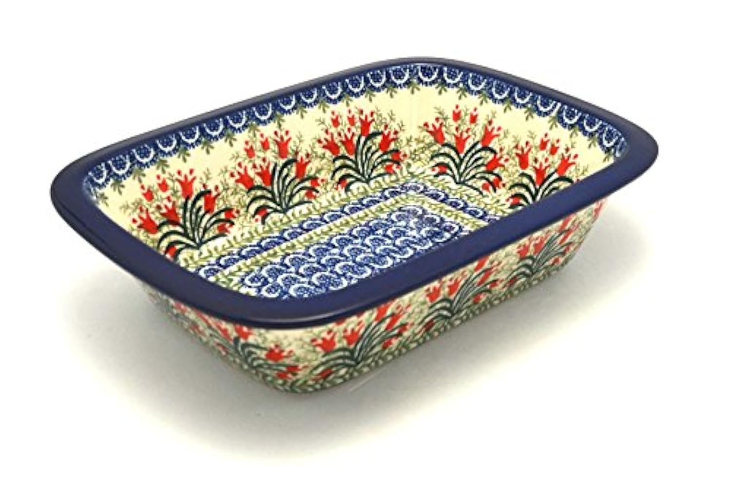 Handmade Polish Pottery Rectangular Baker with Grip Lip - Crimson Bells Design - Perfect for Baking Casseroles, Lasagna & Serving Dishes