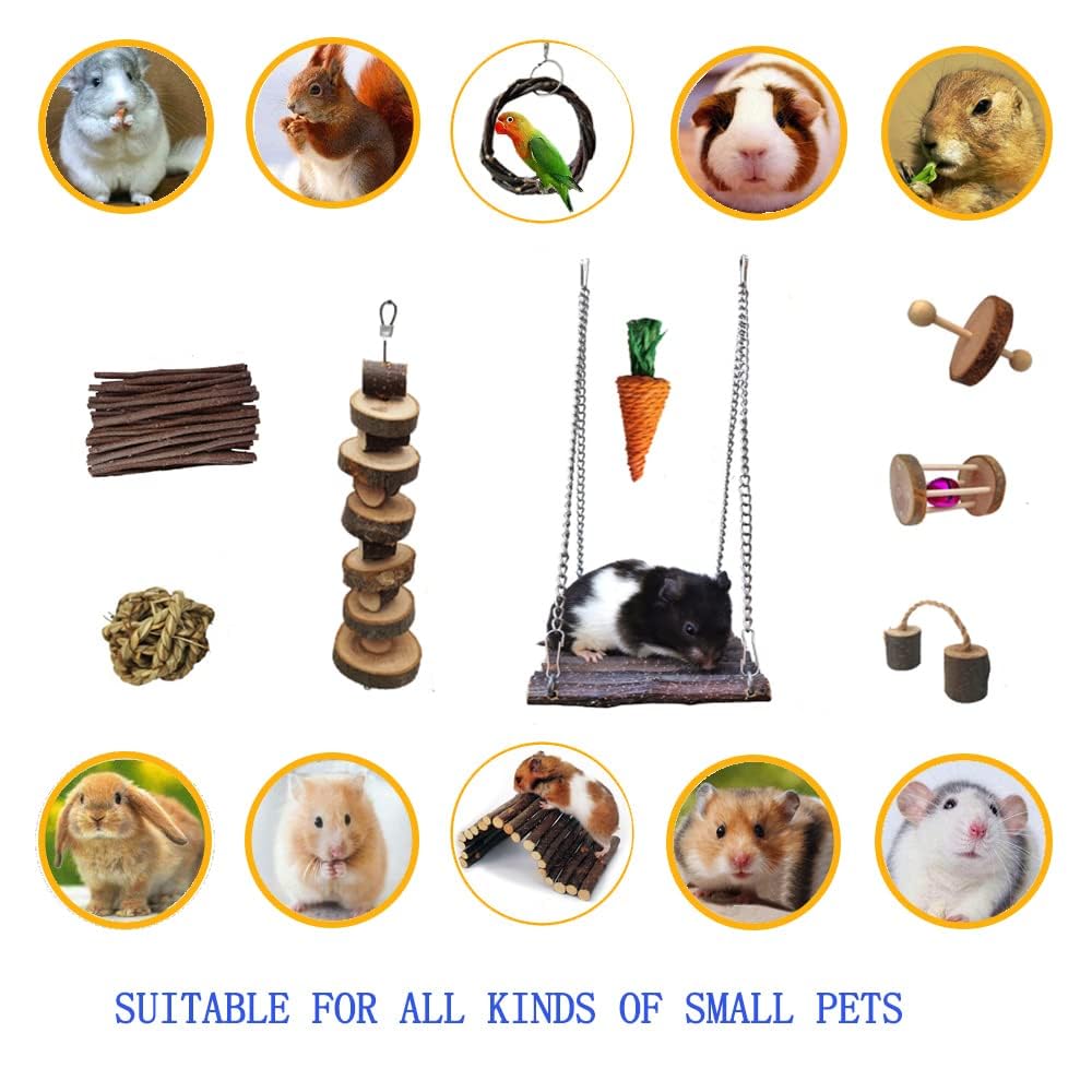 Natural Apple Wood Chew Toys for Chinchillas, Hamsters, Guinea Pigs & Rats - Small Animal Teeth Care Set with Ball, Ladder, Bridge, Swing & Roller | Cage Accessories for Playground & Exercise Fun