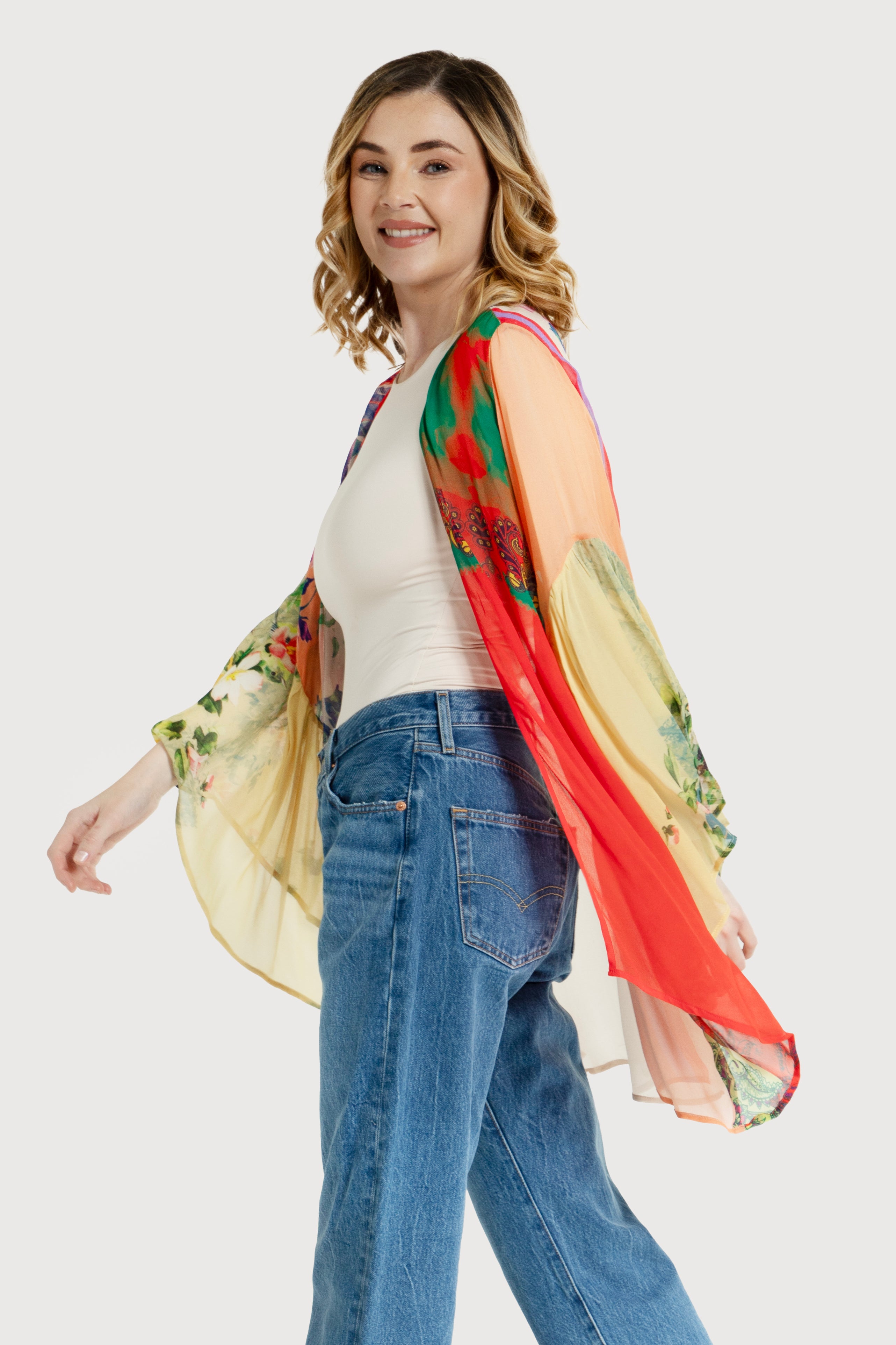 Mystical Garden Ruffle Sleeve Kimono - Floral Print Boho Cover Up for Women - Perfect for Beach, Pool, or Summer Outfits
