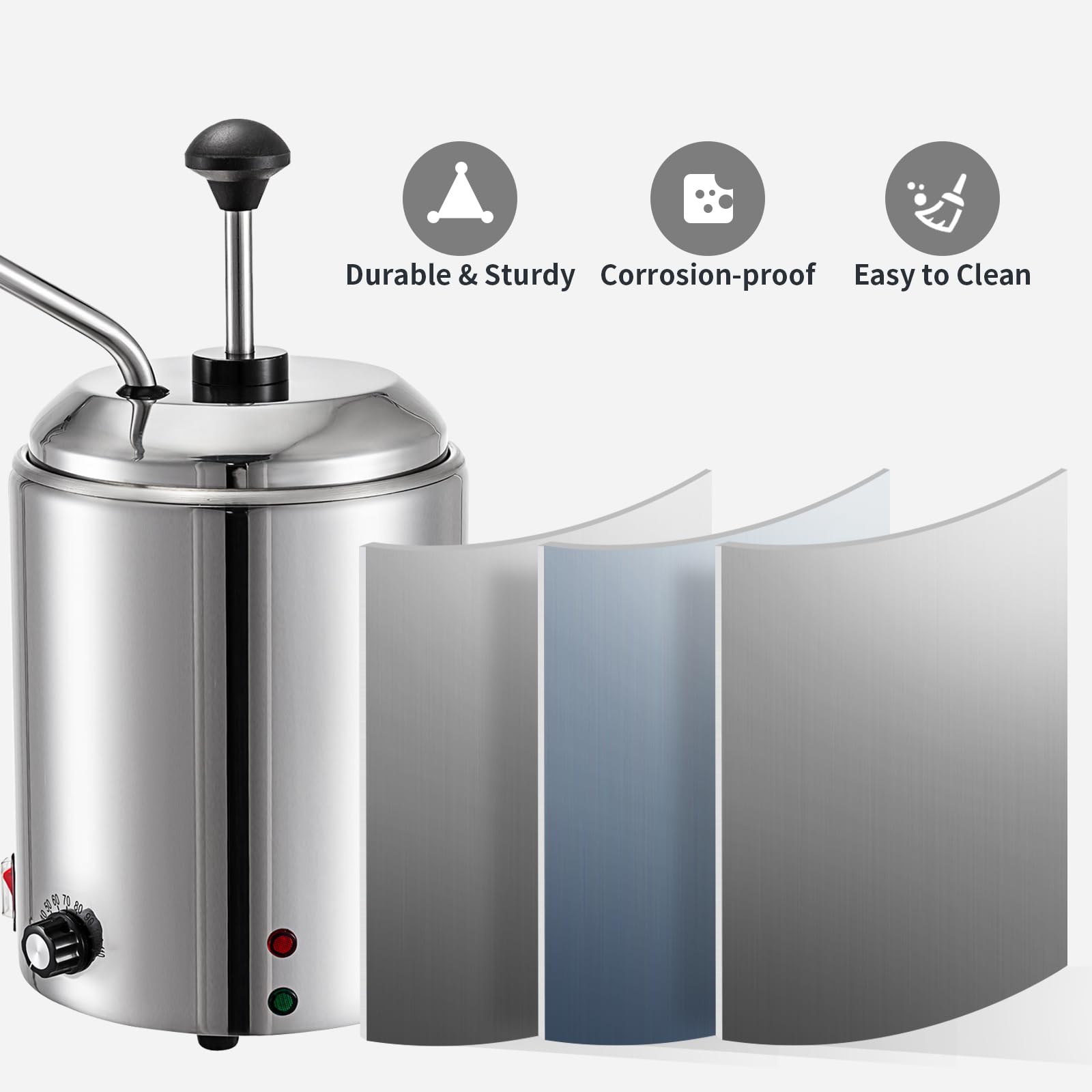 VEVOR 2.64 Qt Stainless Steel Cheese Dispenser with Pump - 650W Hot Fudge Warmer 110V, 30-110℃ Adjustable Temperature for Cheese, Caramel, Chocolate - Perfect for Restaurants, Cafes & Dessert Shops