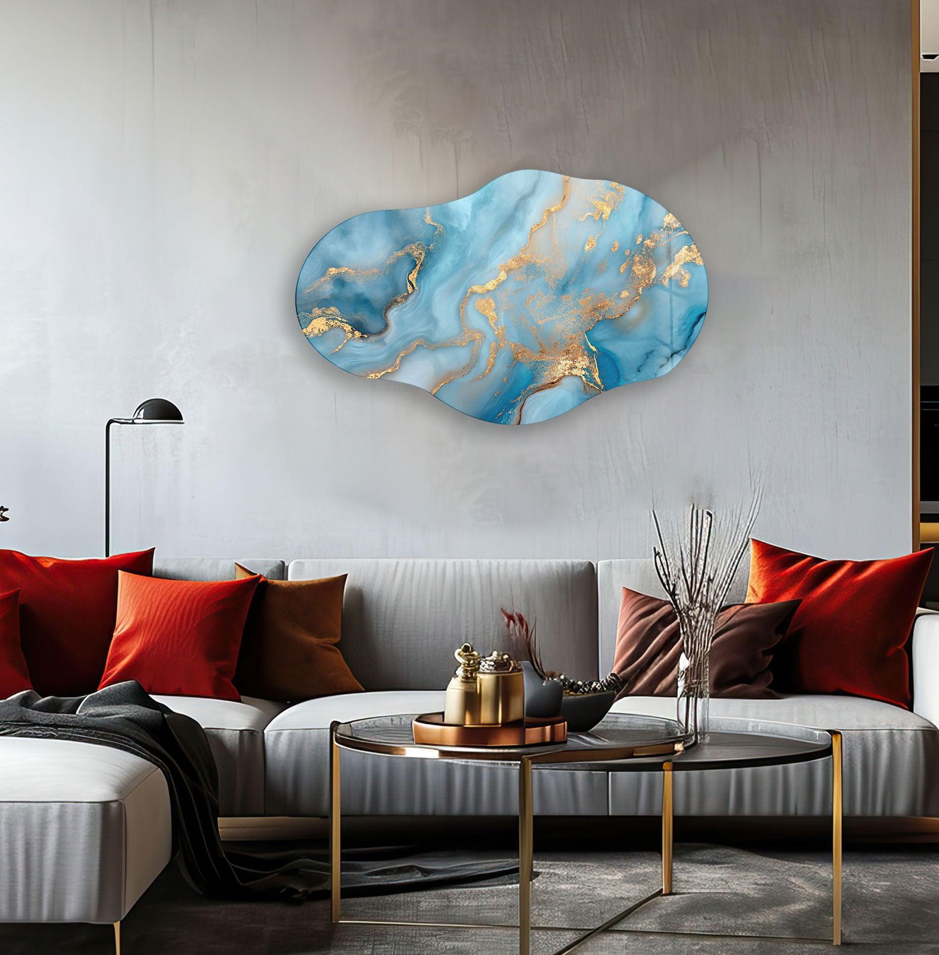 Blue Marble Large Glass Wall Art - Modern Abstract Home Decor for Living Room, Bedroom & Office | Elegant Handmade Glass Mosaic Panel