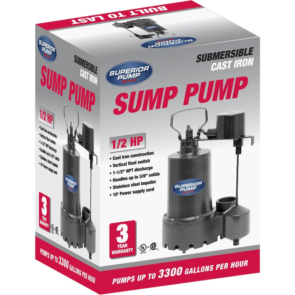 Superior Pump 92541 1/2 HP Cast Iron Sump Pump with Vertical Switch - Heavy Duty Water Removal for Basements, Crawl Spaces & Flood Prevention