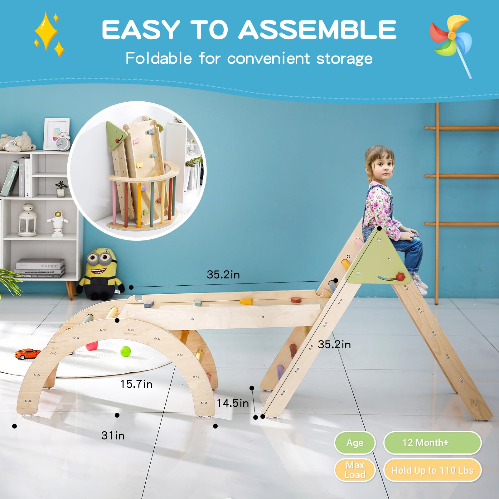 Pikler Triangle Set 7-in-1 Wooden Climbing Toys for Toddlers 1-3 Years | Foldable Montessori Baby Gym with Arch, Ramp & Ladder | Indoor Jungle Climber for Kids' Physical Development & Playroom Activities
