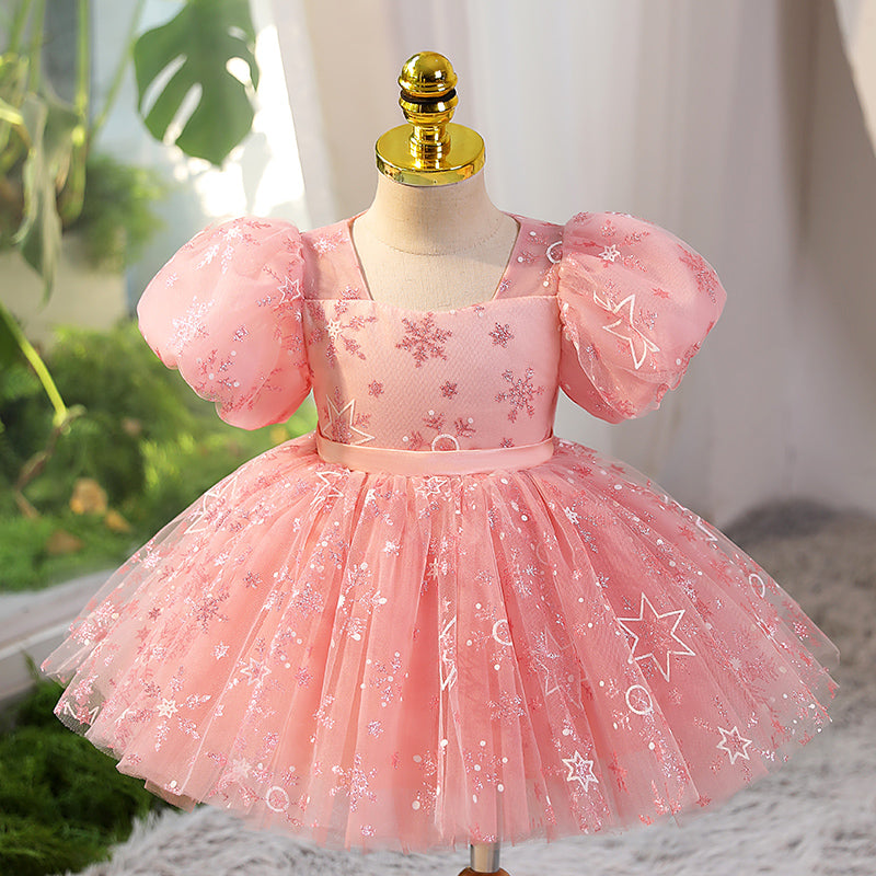 Sparkly Pink Sequin Flower Girl Dress with Puff Sleeves - A-Line Princess Party Dress for Weddings, Pageants & Special Occasions