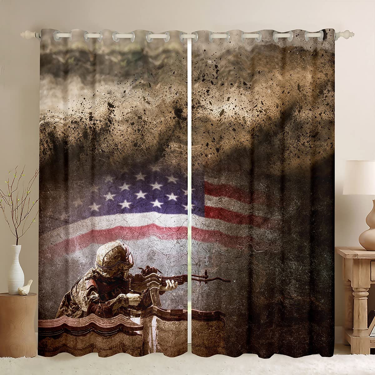 American Flag Window Curtains - Military Camo Soldier Design, Vintage USA Flag Drapes (2 Panels 52x84 Inches) - Perfect for Patriotic Home Decor, Bedroom & Living Room