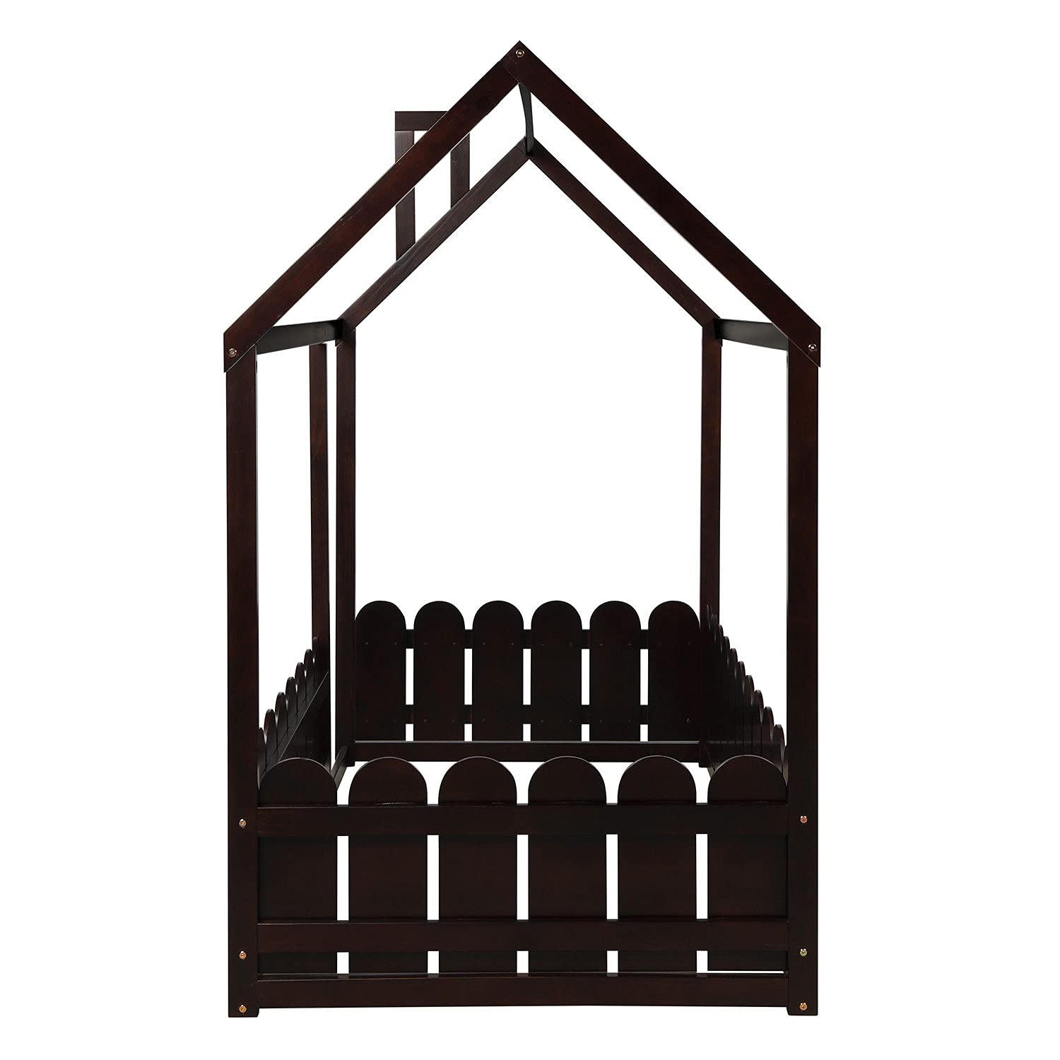**House-Shaped Kids Wooden Bed Frame with Safety Fence - Twin Size Espresso Floor Bed for Toddlers, Children & Teens - No Weight Limit (Box Spring Required) - Perfect for Nursery, Playroom & Montessori Bedrooms**