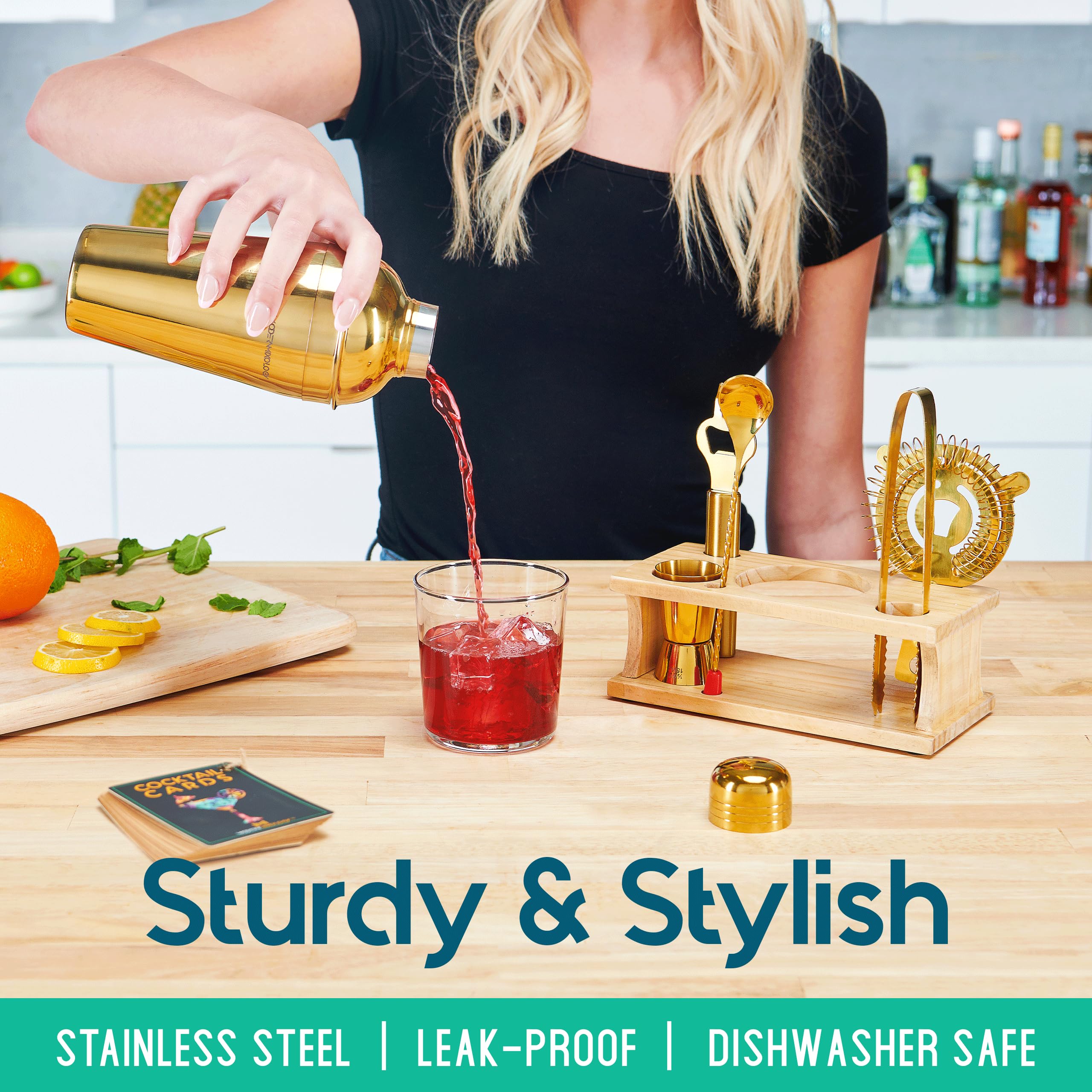 8-Piece Gold Cocktail Shaker Set with Pine Wood Stand, Recipe Cards & Bar Accessories - Premium Mixology Kit for Home Bartending & Party Hosting