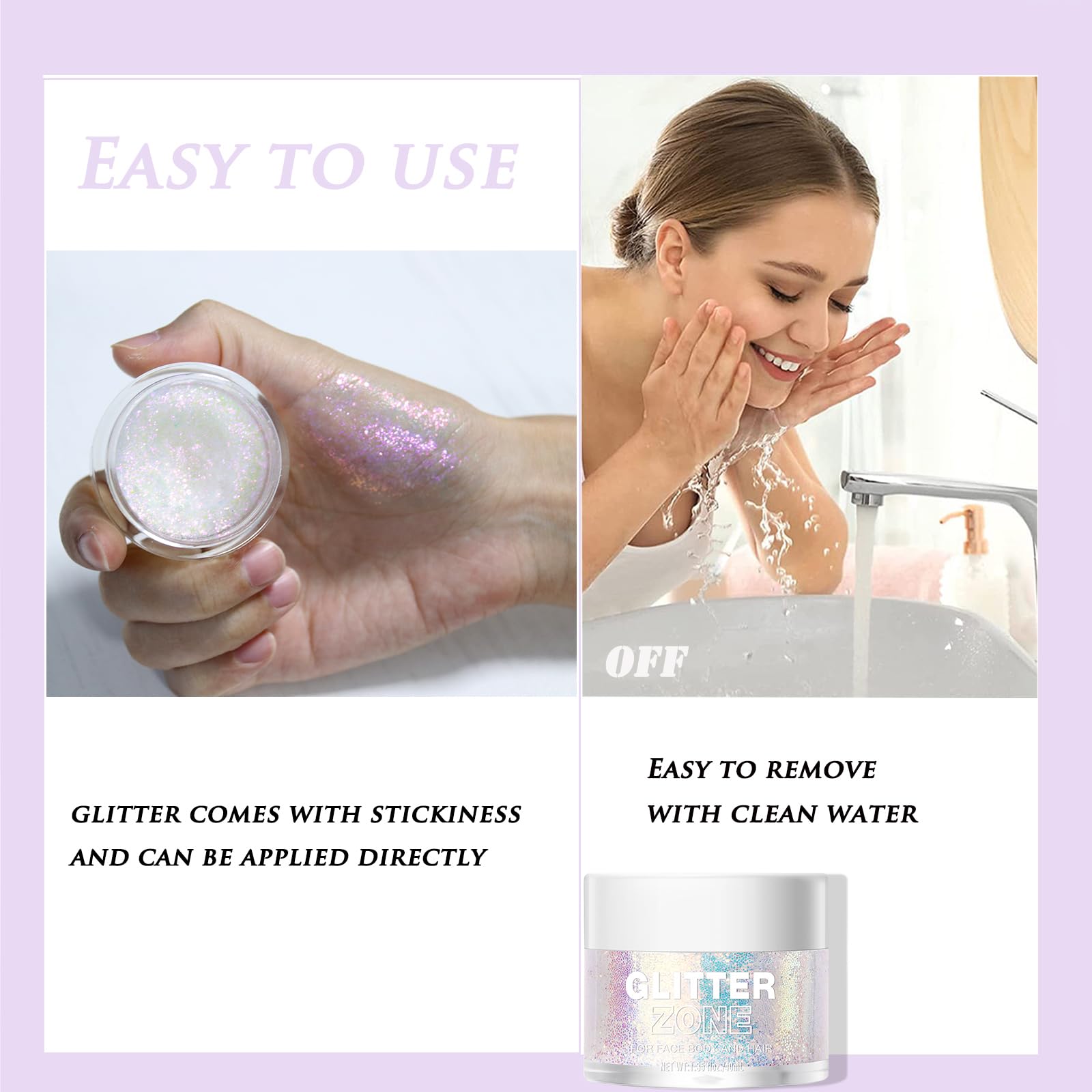 40ml Glitter Body Gel for Face & Hair - Shimmer Makeup for Festivals, Parties & Cosplay - Long Lasting Sparkle Gel for Face, Body & Hair (Great for Halloween, Raves & Costume Events)