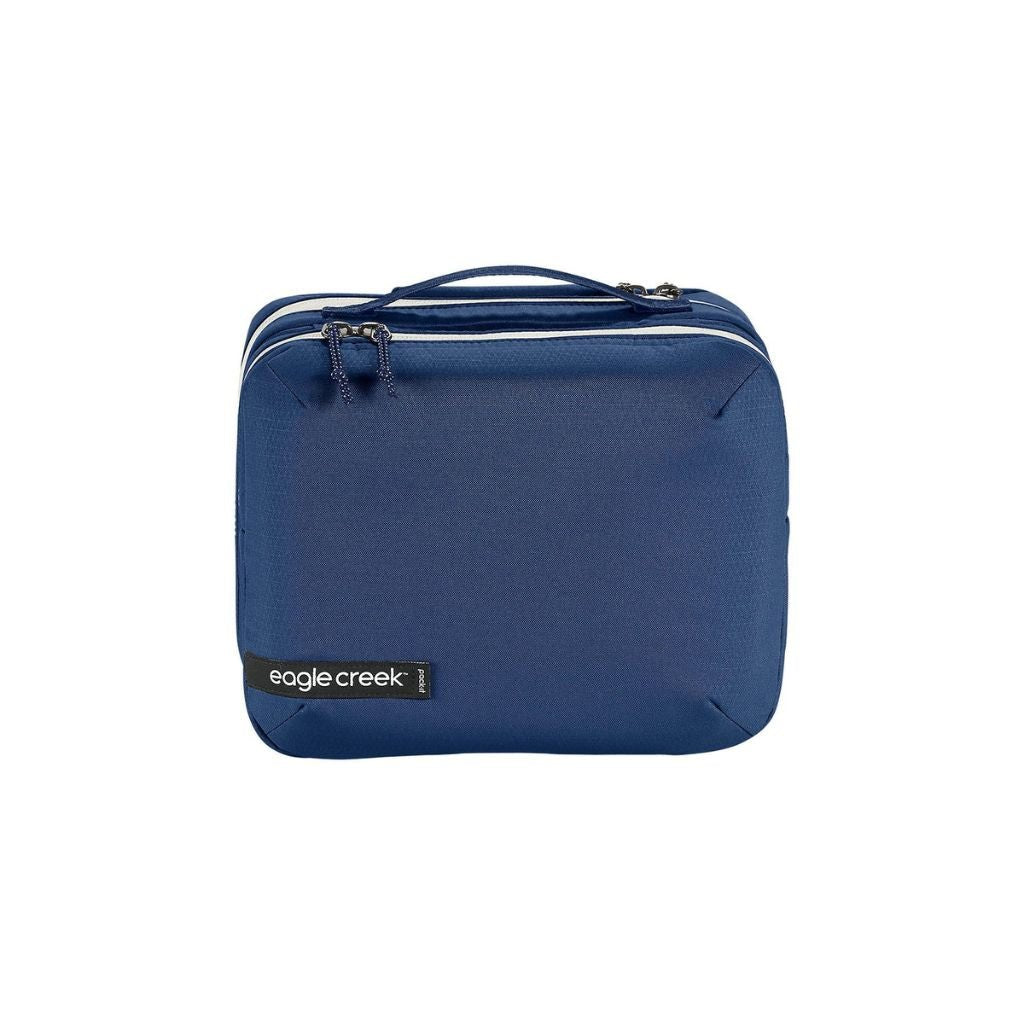 Eagle Creek PACK IT™ REVEAL Tri Fold Toiletry Kit - Aizome Blue/Grey | Compact Travel Organizer for Toiletries & Cosmetics | Perfect for Air Travel, Camping & Business Trips