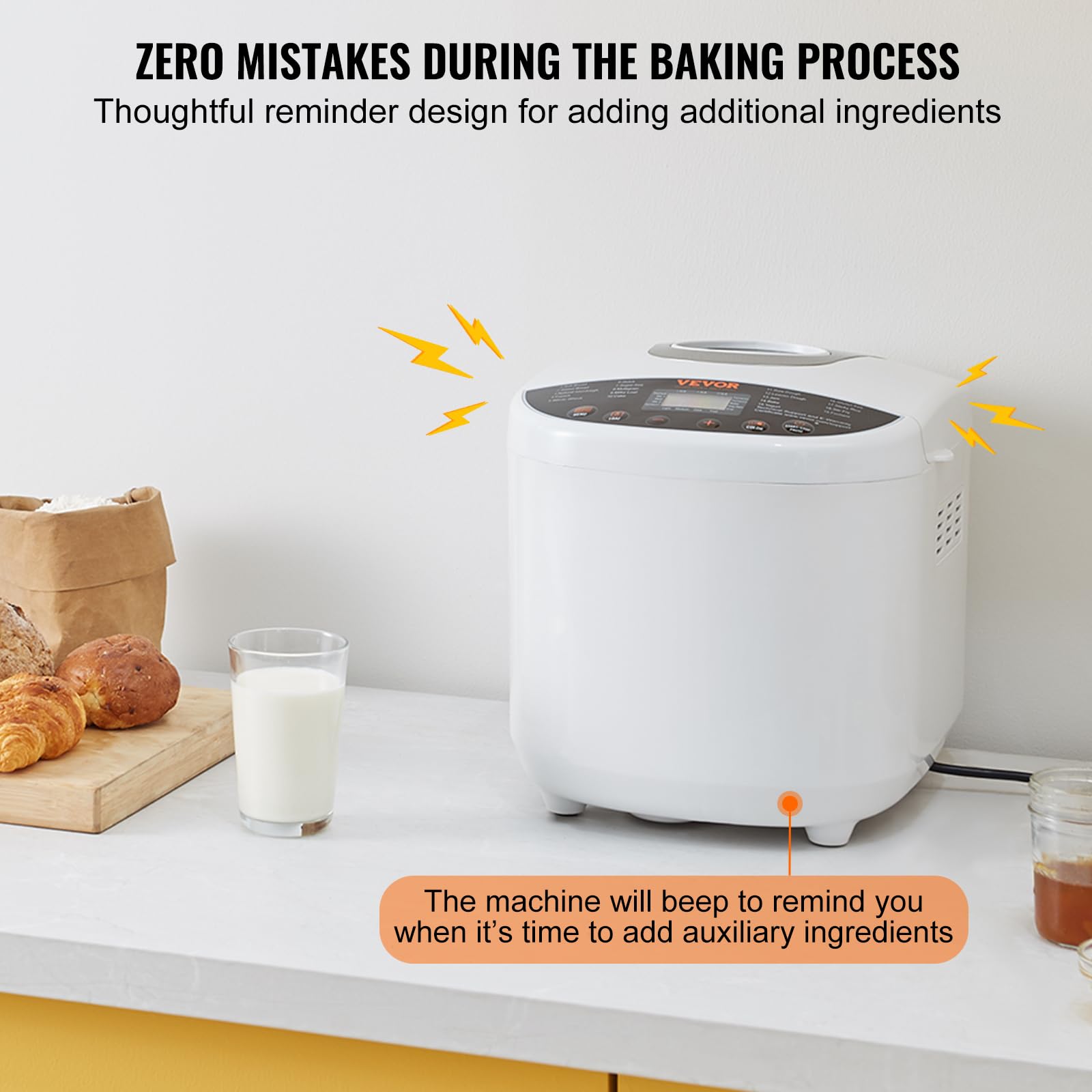 VEVOR 2LB Automatic Bread Maker Machine - 19-in-1 Programmable Dough Maker with Gluten-Free Setting, Nonstick Ceramic Pan, Whole Wheat & White Bread Options, 3 Loaf Sizes & Crust Colors - Perfect for Home Baking, Breakfast & Healthy Eating
