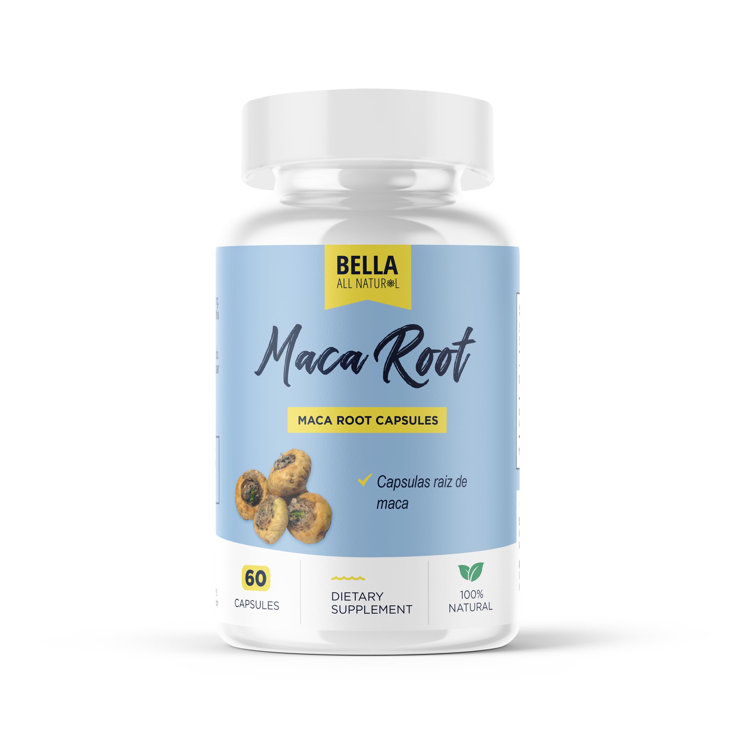 Bella All Natural Maca Root Supplement - 60 Capsules for Energy, Stamina & Hormone Balance | Vegan, Non-GMO | Supports Workout Performance & Stress Relief