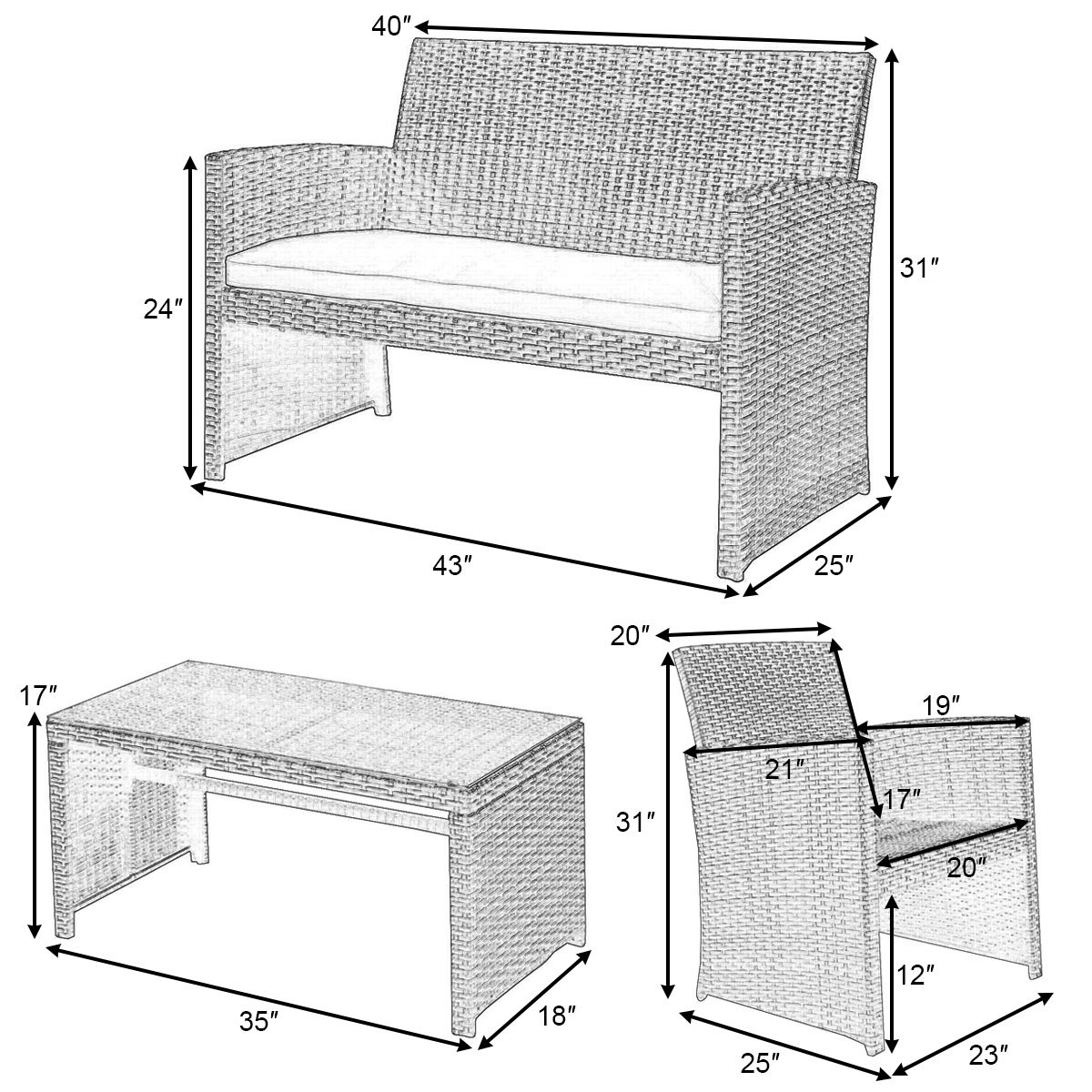 Casart 4-Piece Rattan Patio Furniture Set - Wicker Outdoor Sectional Sofa with Tempered Glass Coffee Table, High Backrest & Removable Cushions - Perfect for Garden, Lawn, Balcony, Deck & Poolside Relaxation