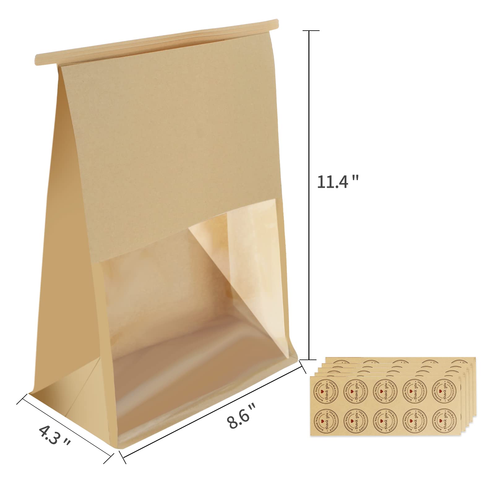 50-Pack Large Brown Bakery Bags with Window - 11.4