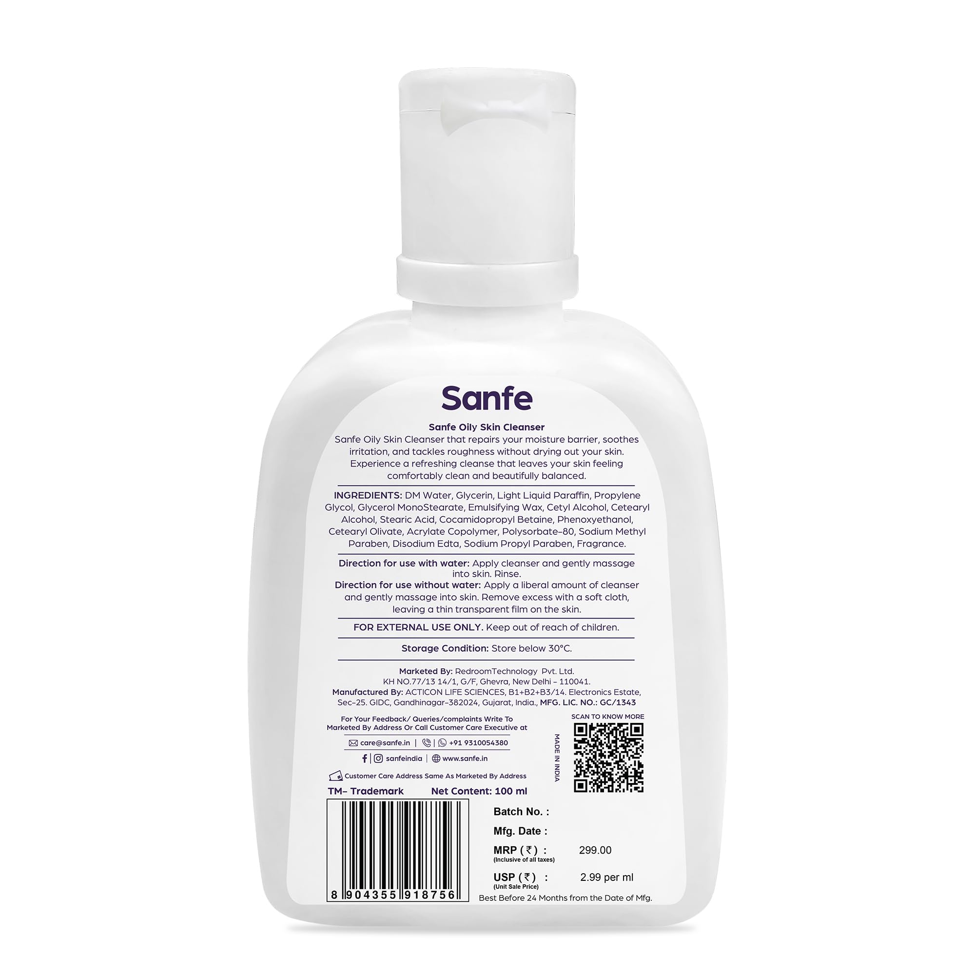 Sanfe Oily Skin Cleanser for Acne-Prone Skin | Gentle Foaming Face Wash to Minimize Pores & Hydrate Skin | Daily Use for Skin Repair, Roughness & Dryness | Cetaphil Alternative 100ml | Perfect for Morning & Night Skincare Routine