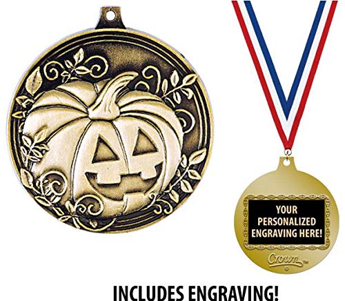 2 Inch Gold Halloween Pumpkin Medal Award - Custom Engraving Included | Halloween Party Favors, Costume Accessories & Spooky Decorations