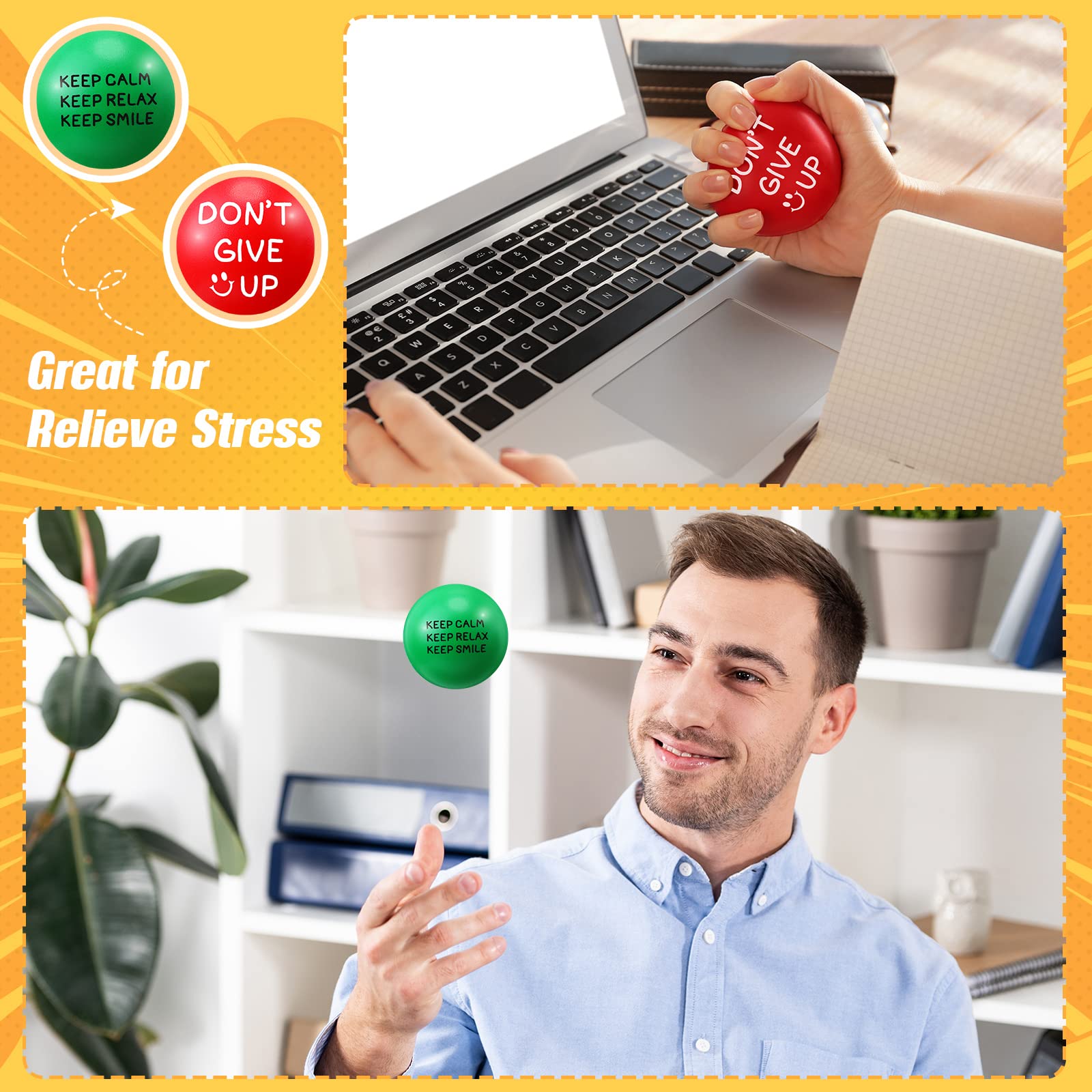 60 Pack Motivational Stress Relief Balls - 1.97 Inch Inspirational Hand Exercise Squeeze Balls for Adults & Teens - Colorful Foam Anxiety Relief Toys with Uplifting Quotes (Multi-Colored) - Perfect for Office, Classroom, Therapy & Home Relaxation