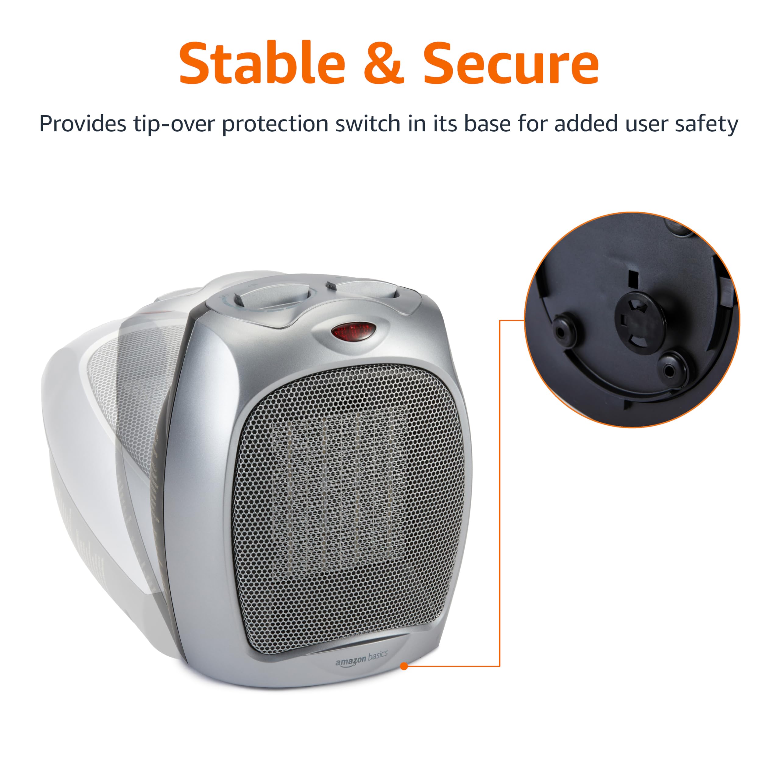 Amazon Basics Ceramic Space Heater - 1500W Portable Electric Heater with Thermostat, Overheat & Tip-Over Protection for Home, Office, Bedroom - Compact 7.52